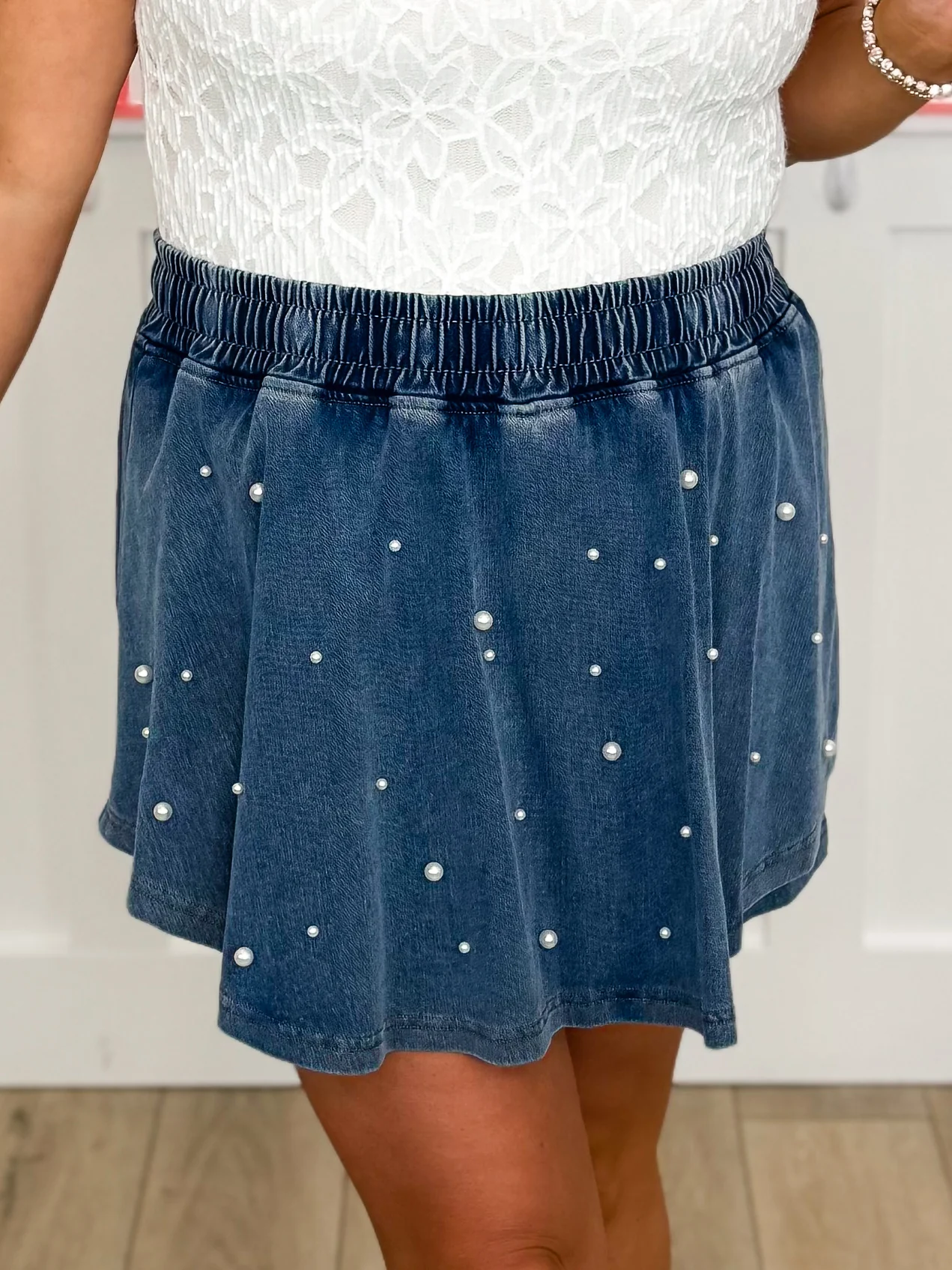 Everything Goes High-Rise Cotton Blend Pearl Dark Wash Avery Mae Skort