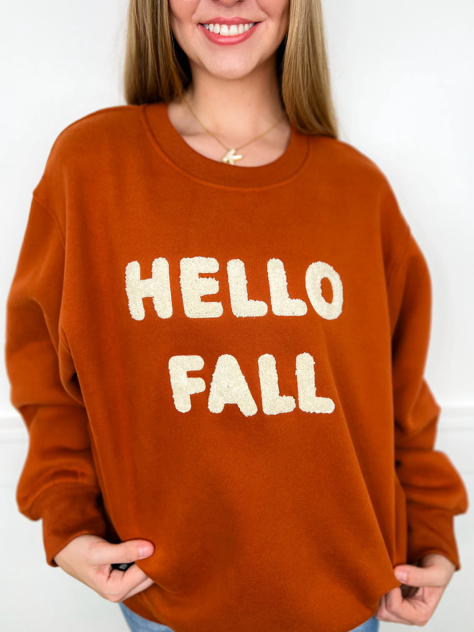 Fall is Calling Cotton Blend Long Sleeve Rust Orange Avery Mae Graphic Crewneck Sweatshirt