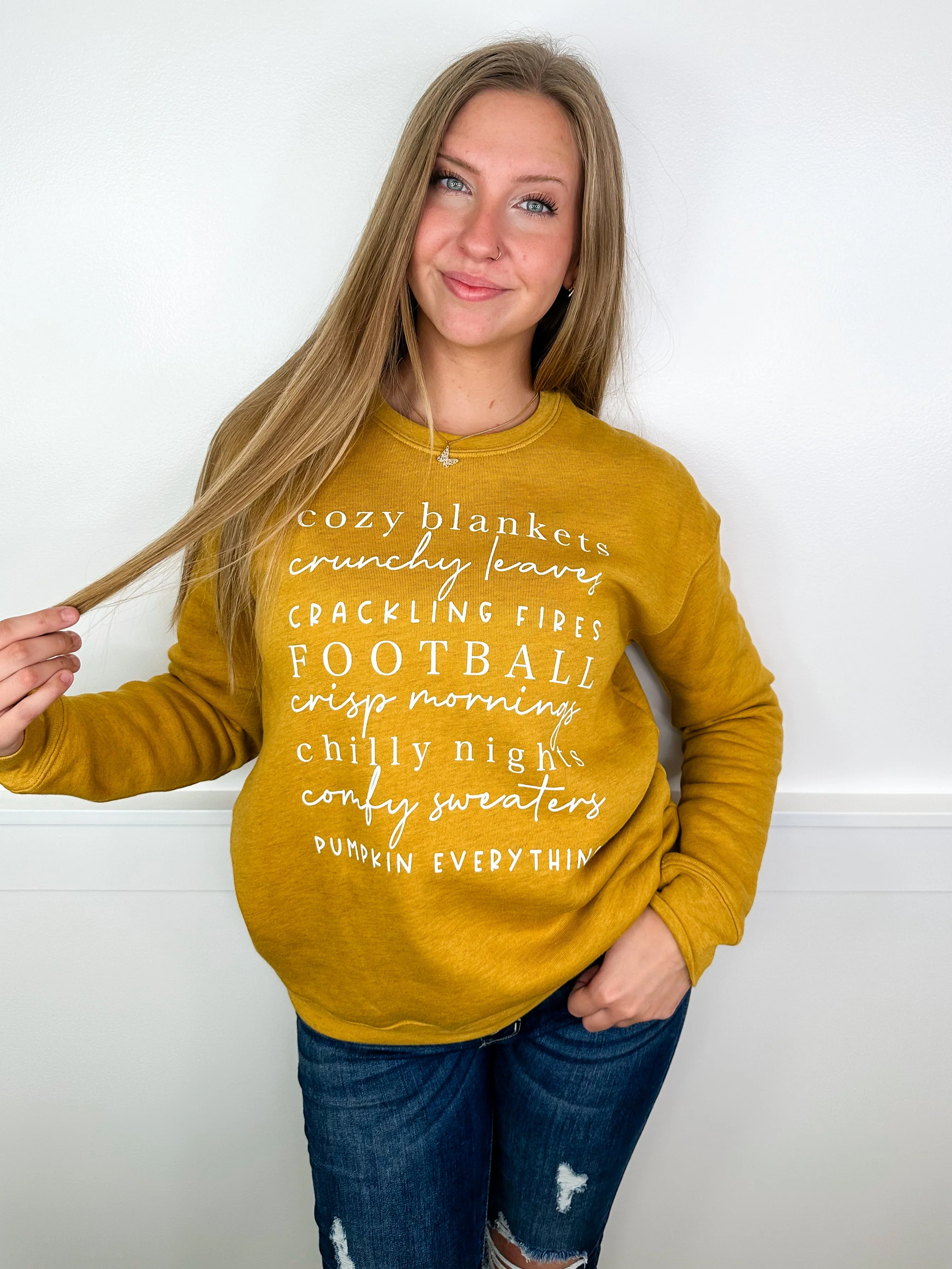 Fall Things Long Sleeve Yellow Avery Mae Graphic Crewneck Sweatshirt