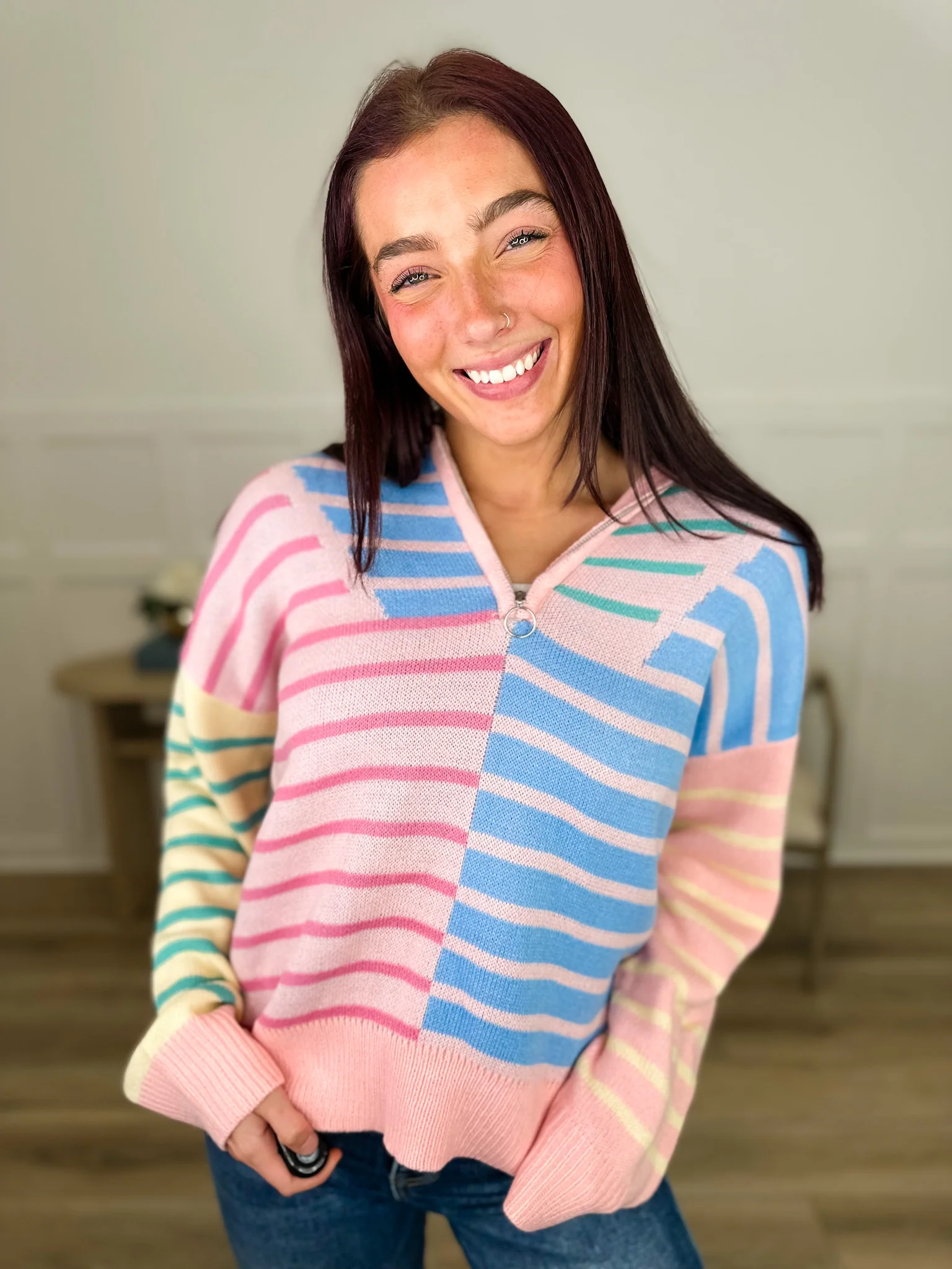 Falling For it Knit Long Sleeve Avery Mae Quarter Zip Sweater Top