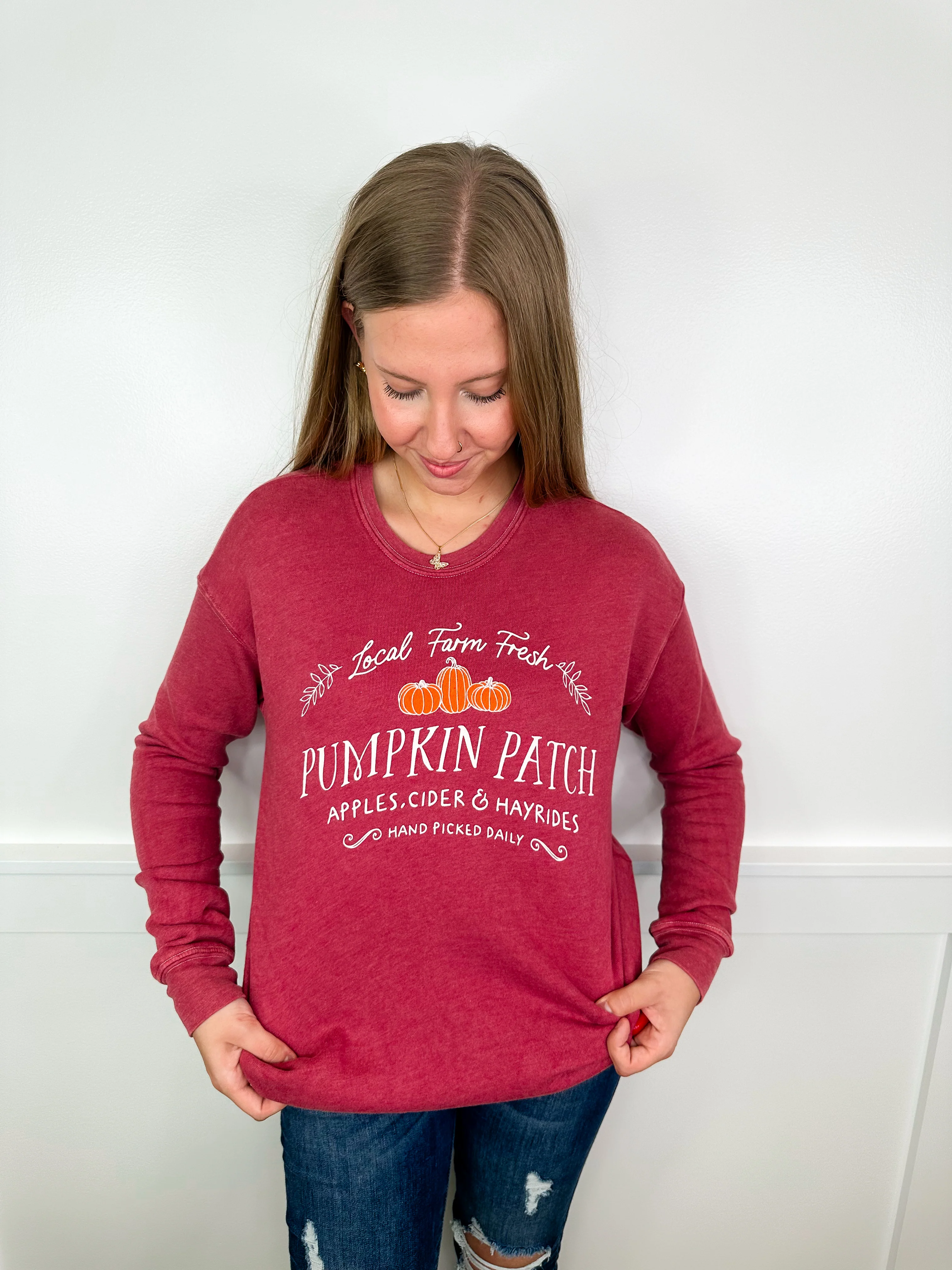 Farm Fresh Pumpkins Cotton Blend Long Sleeve Avery Mae Graphic Crewneck Sweatshirt - 3 colors! - Image 3