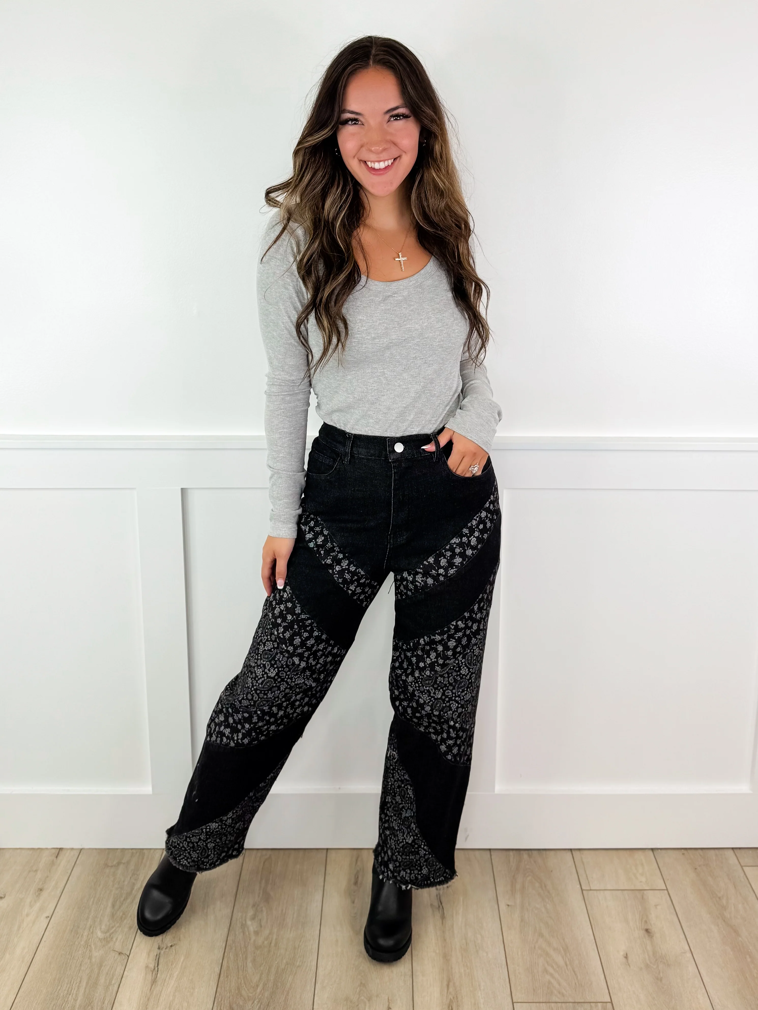 Feeling So Free High-Rise Cotton Blend Wide Leg Black Avery Mae Bottoms