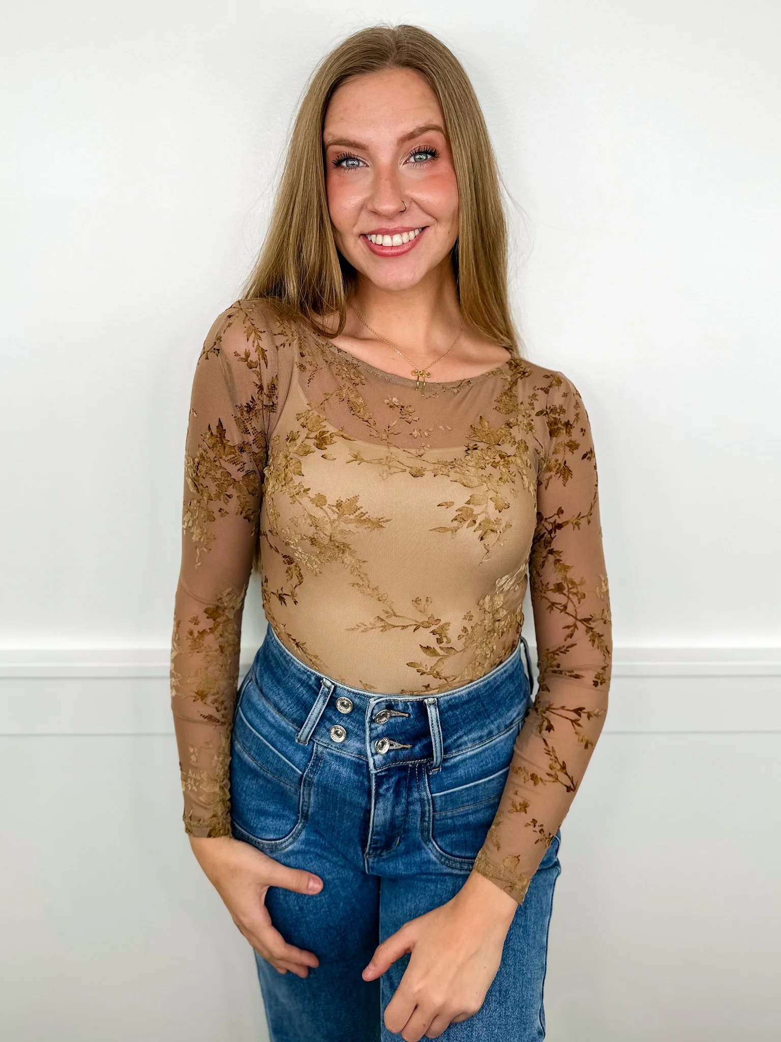 Feeling Unstoppable Sheer Mesh Long Sleeve Avery Mae Bodysuit Top - 2 colors! - Image 2