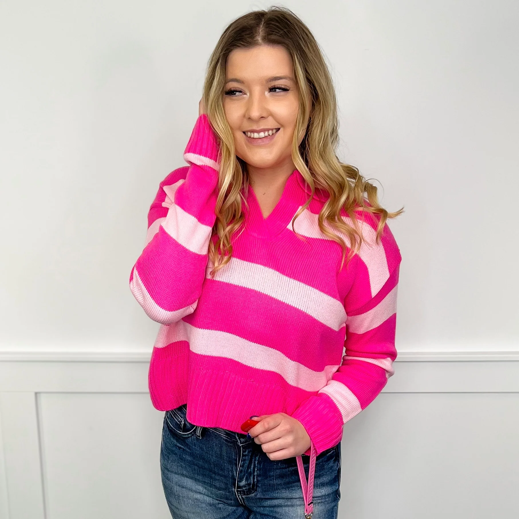 Feeling Vibrant Knit Long Sleeve Pink Avery Mae Sweater Top