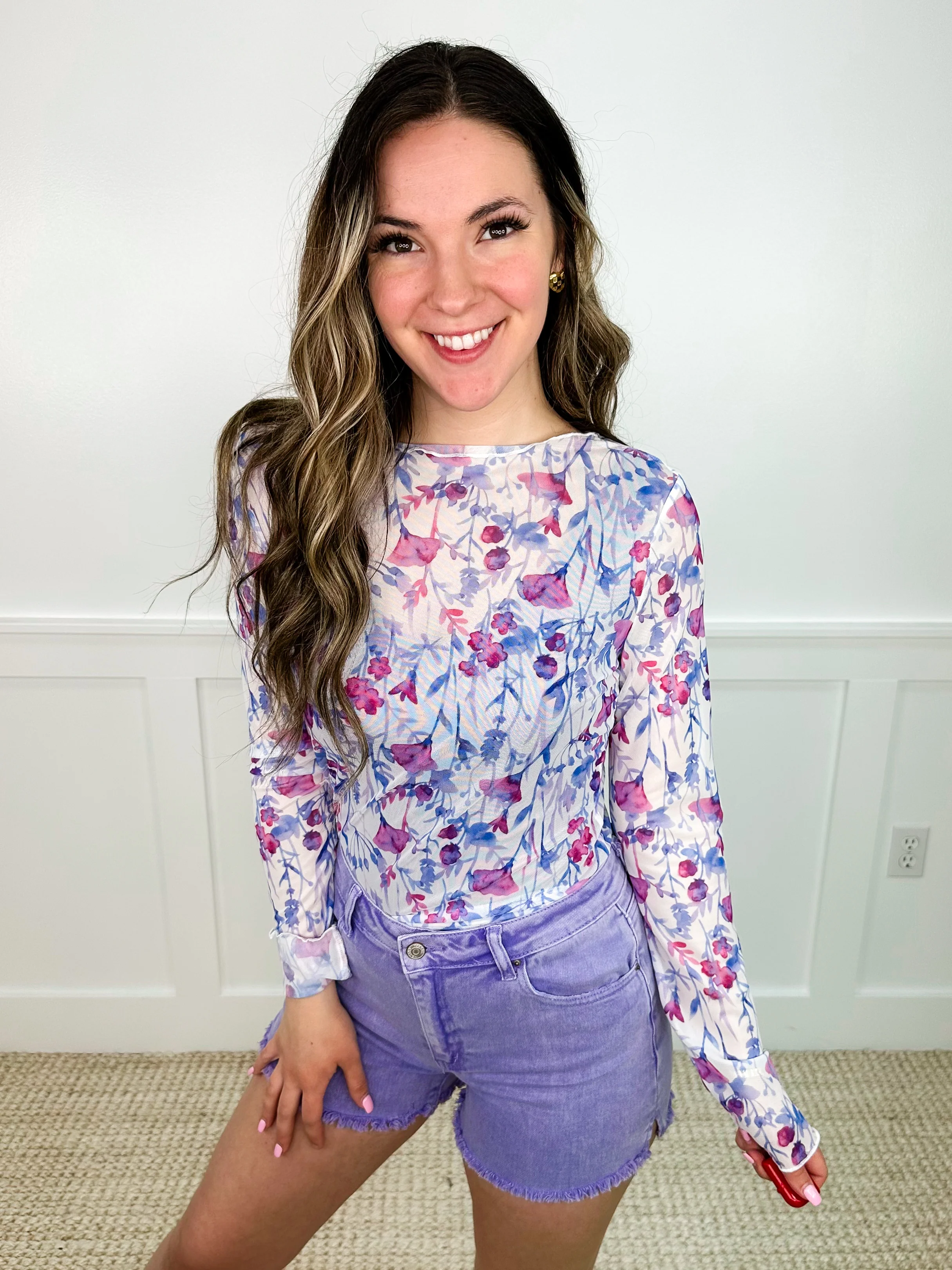 Floral Adventures Sheer Mesh Long Sleeve White Avery Mae Top