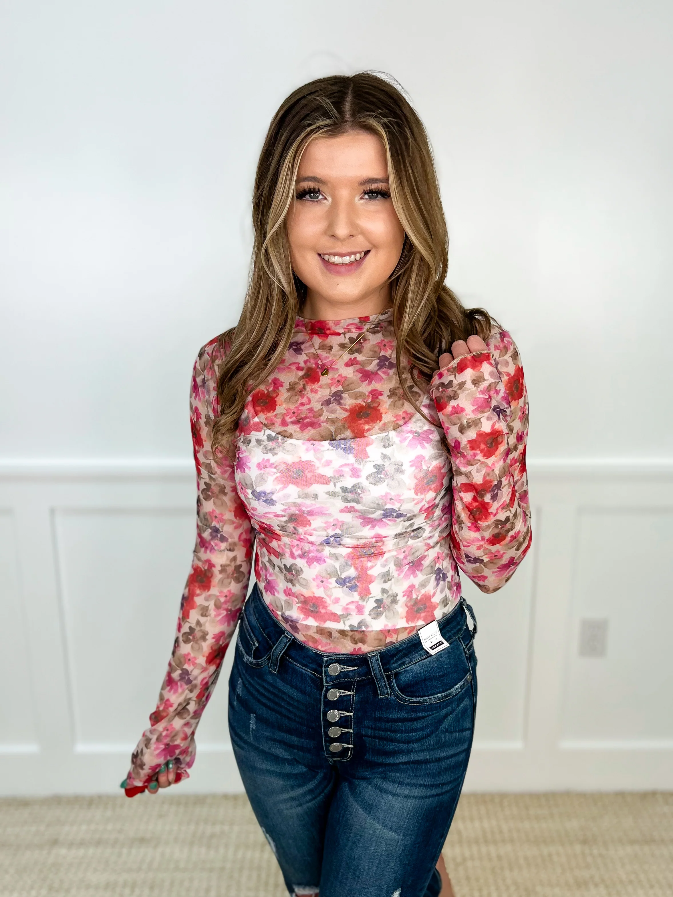 Floral Feeling Sheer Mesh Long Sleeve Avery Mae Top - 2 colors!