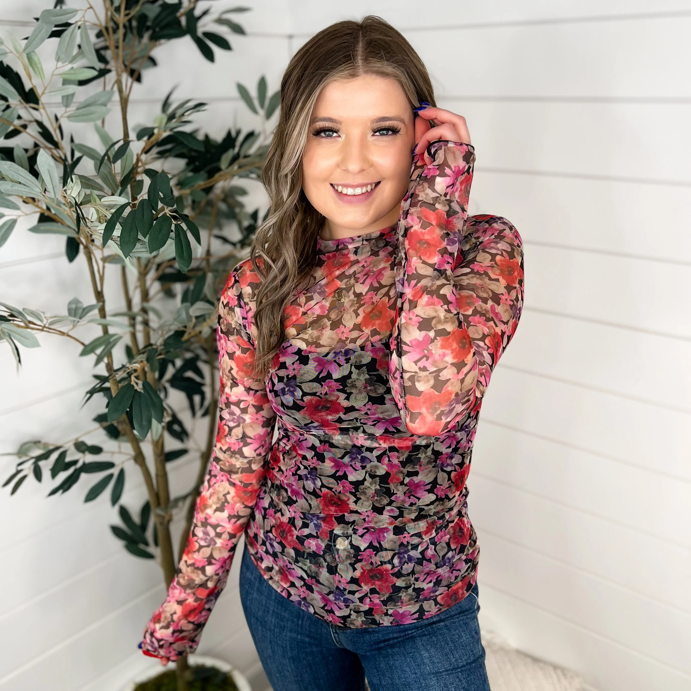 Floral Feeling Sheer Mesh Long Sleeve Avery Mae Top - 2 colors! - Image 2