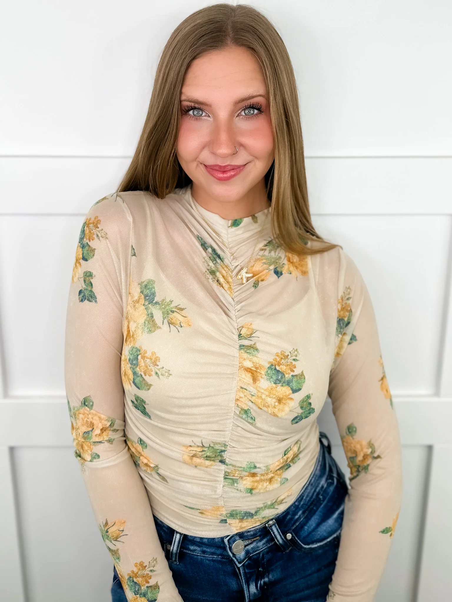 Floral Flutter Sheer Mesh Long Sleeve Sand Avery Mae Top