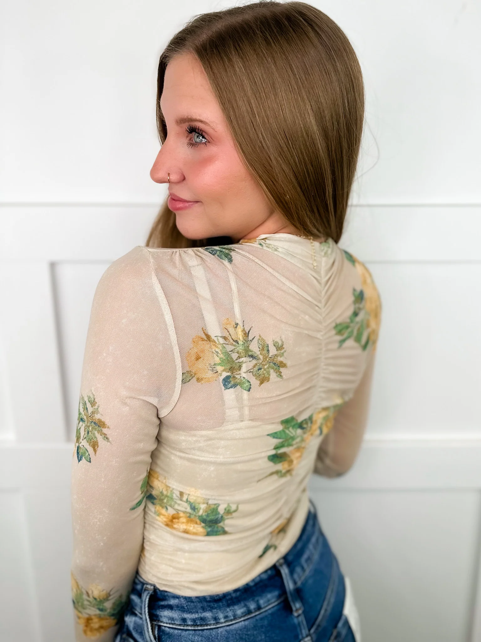 Floral Flutter Sheer Mesh Long Sleeve Sand Avery Mae Top - Image 2