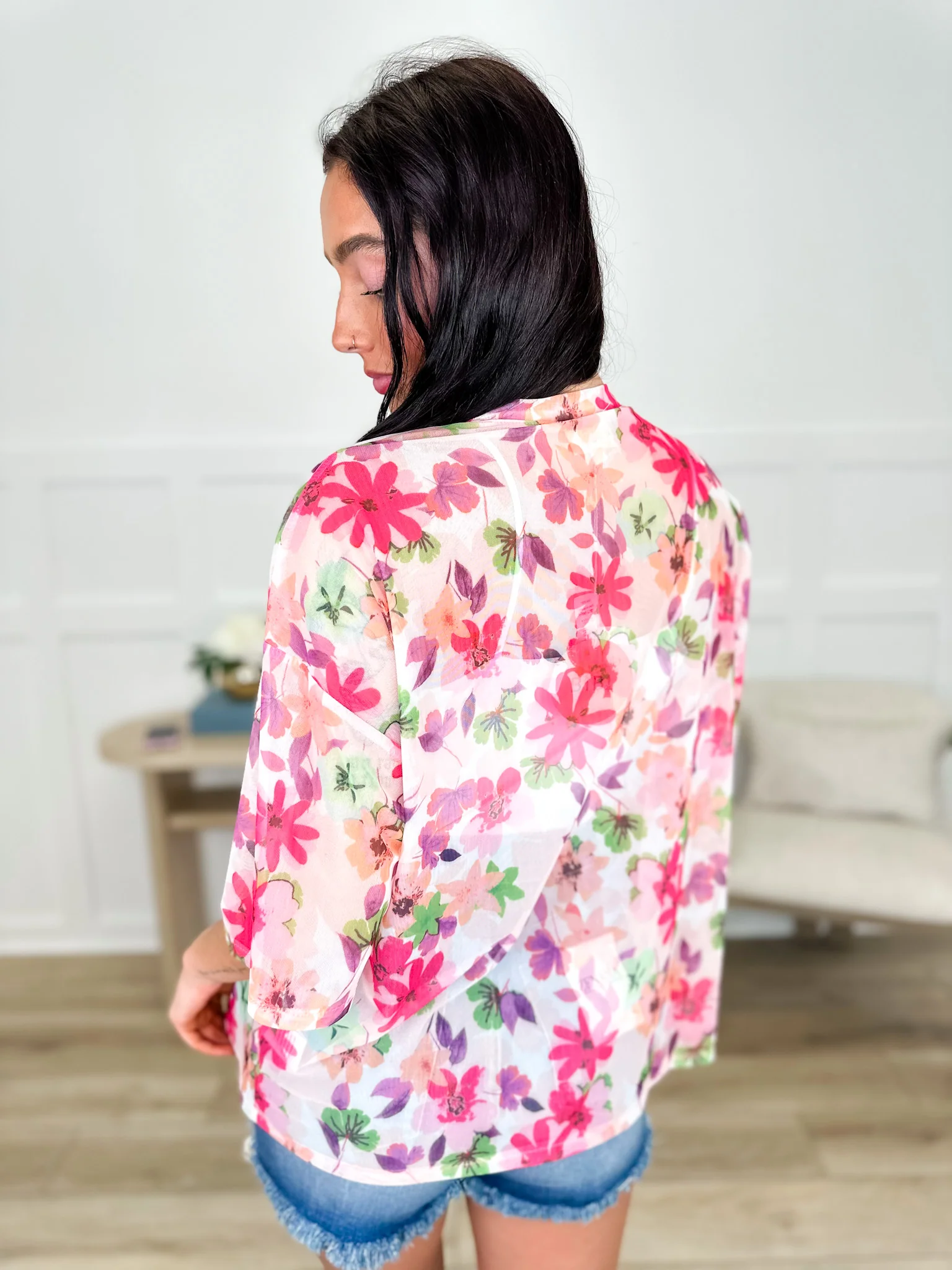 Floral Focus Sheer Mesh Short Sleeve Pink Avery Mae Top - Image 2