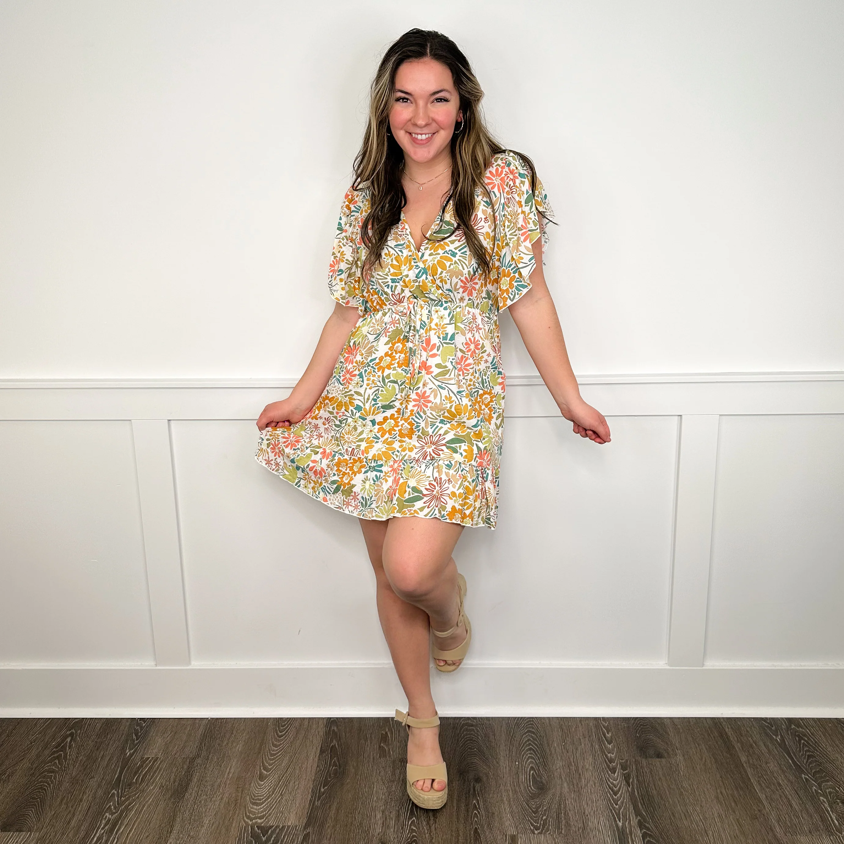 Floral Sunshine Cotton Blend Short Sleeve White Avery Mae Dress