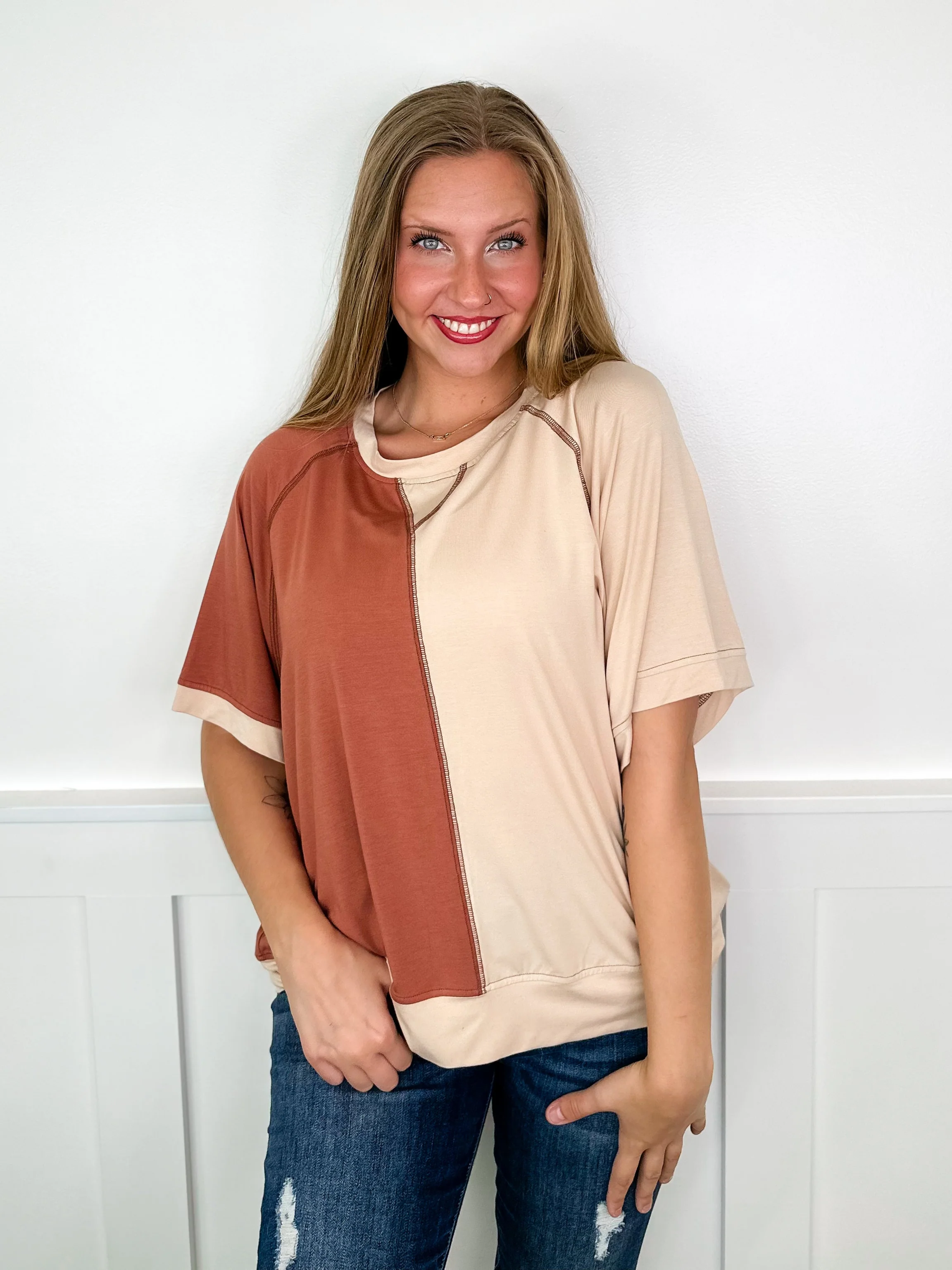Focus on Me Rayon Blend Short Sleeve Clay Avery Mae Top