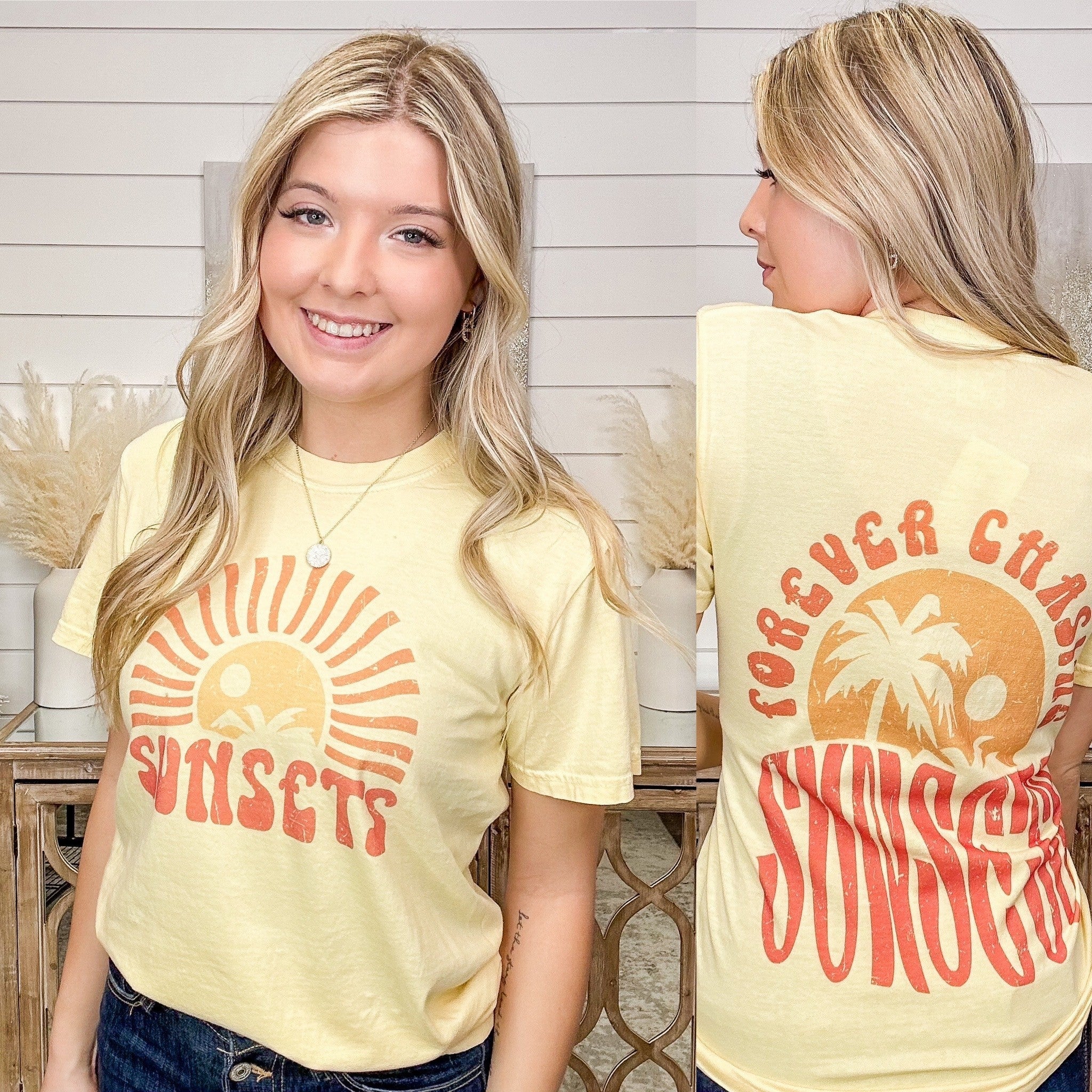 Forever Chasing Sunsets Cotton Short Sleeve Yellow Graphic Tee Shirt - Image 5