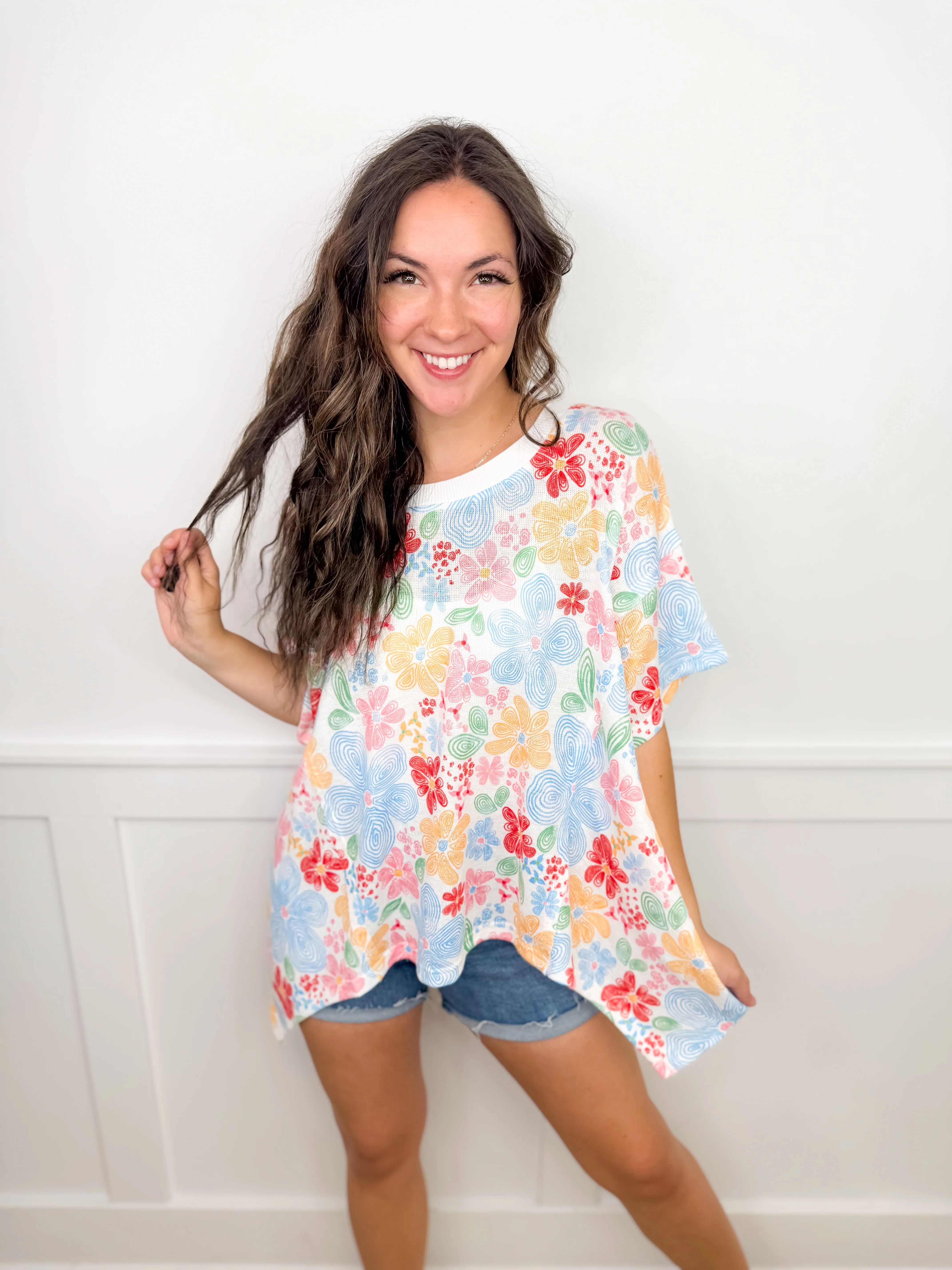 Fun in Florals Knit Short Sleeve White Avery Mae Top