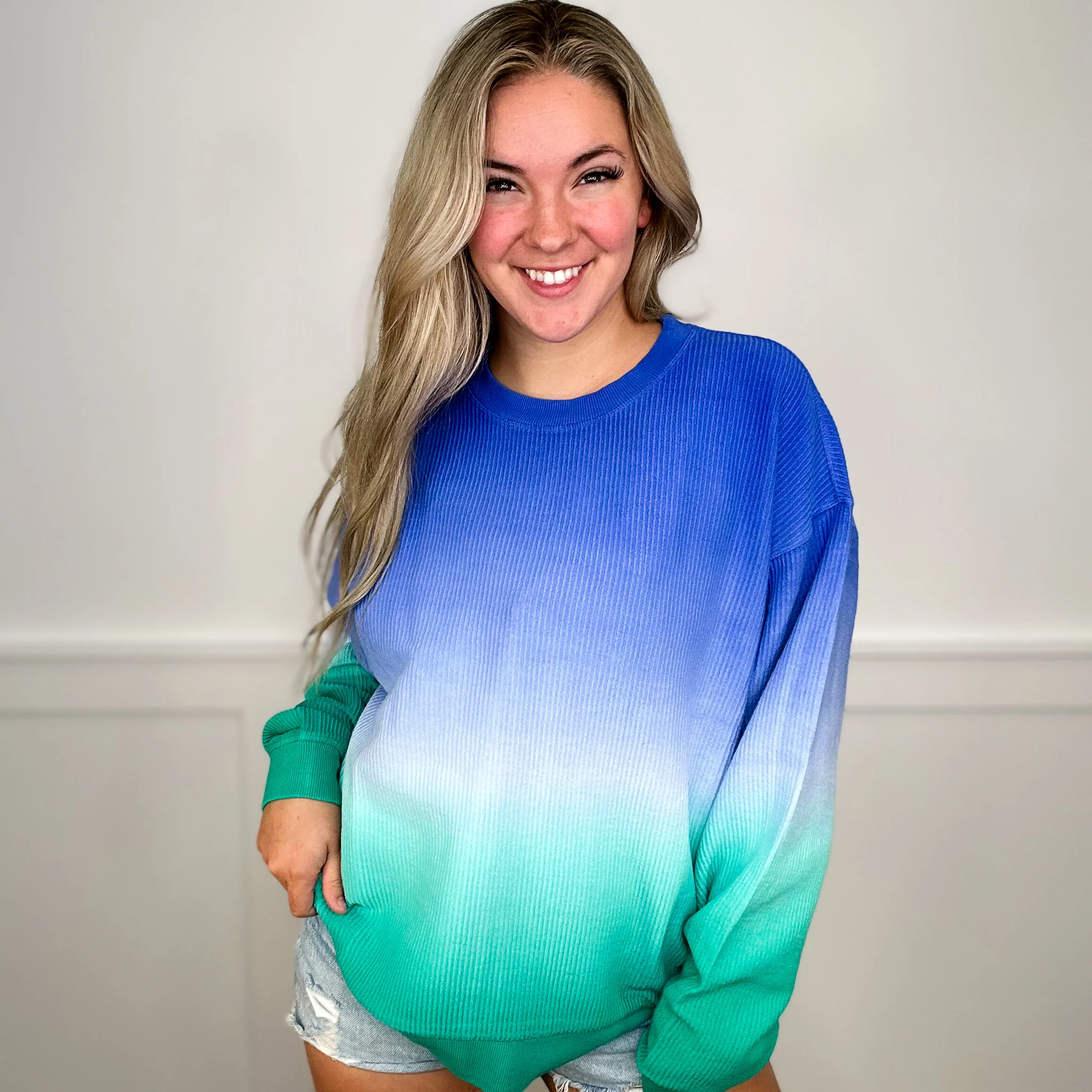 Getting Comfy Corded Cotton Long Sleeve Ombré Avery Mae Crewneck Sweatshirt - 5 colors! - Image 6