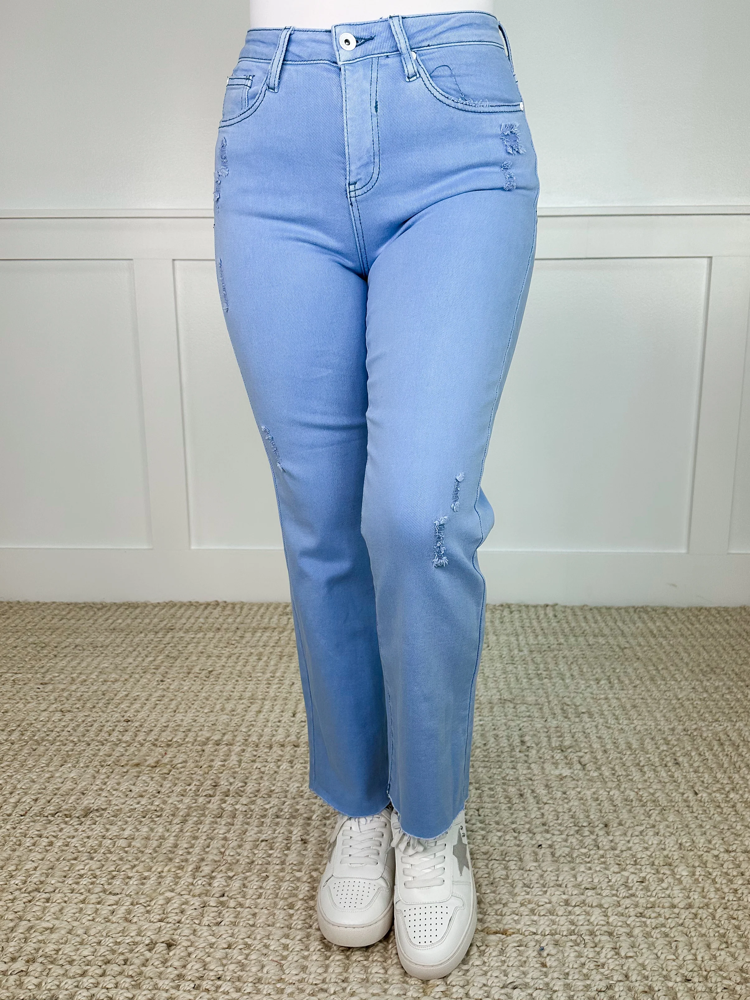 Saige Girl You Look Cute Distressed High-Rise Raw Hem Sky Avery Mae Dad Jeans