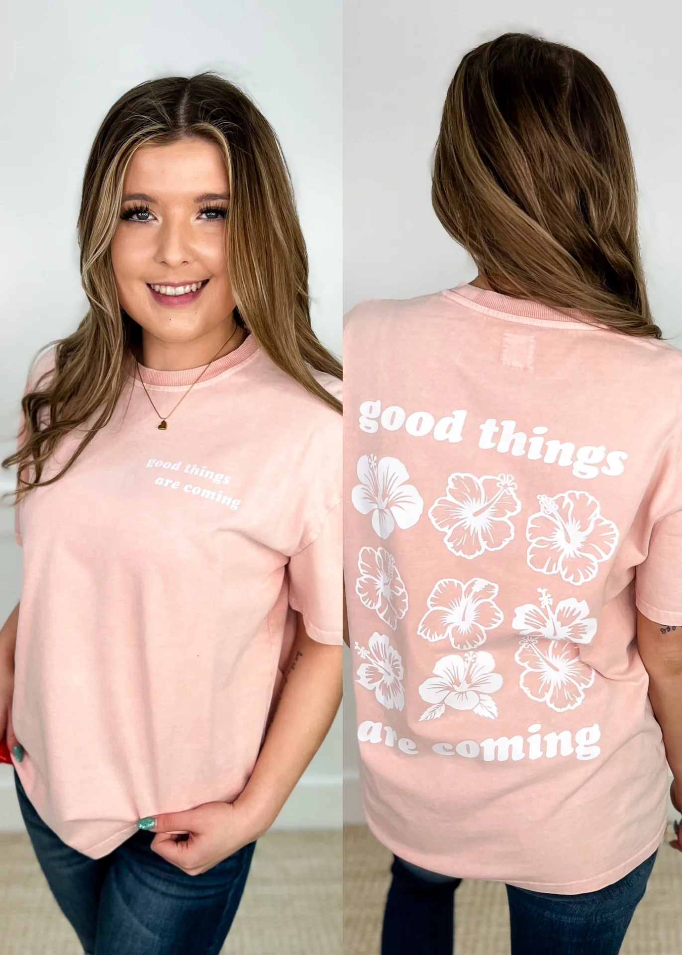 Good Things Are Coming Cotton Short Sleeve Pink Avery Mae Graphic Tee Shirt