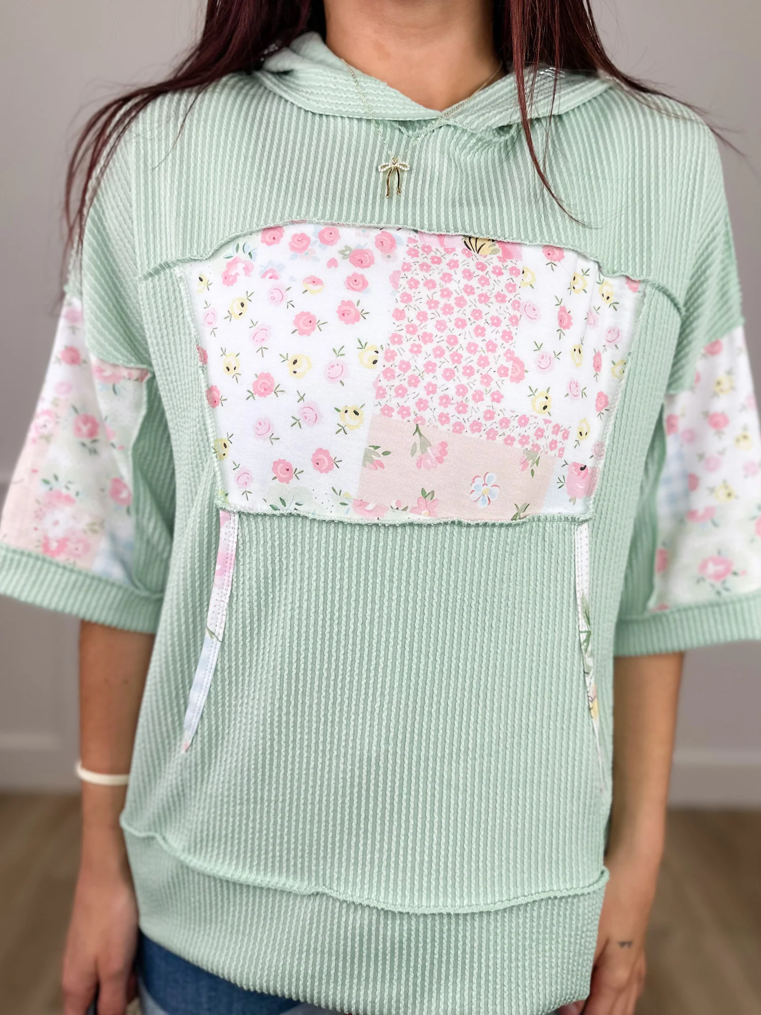 Had Me at Hey Ribbed 3/4 Sleeve Green Avery Mae Hooded Top
