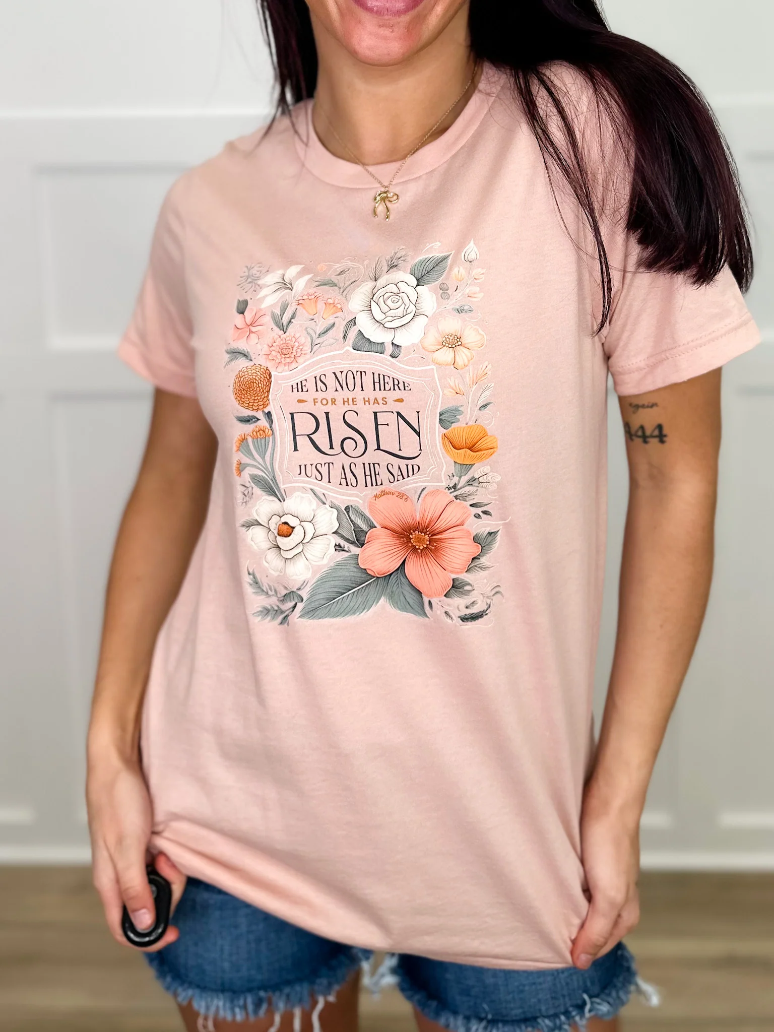 He is Risen Cotton Short Sleeve Peach Avery Mae Graphic Tee Shirt (Bella+Canvas) - Image 2