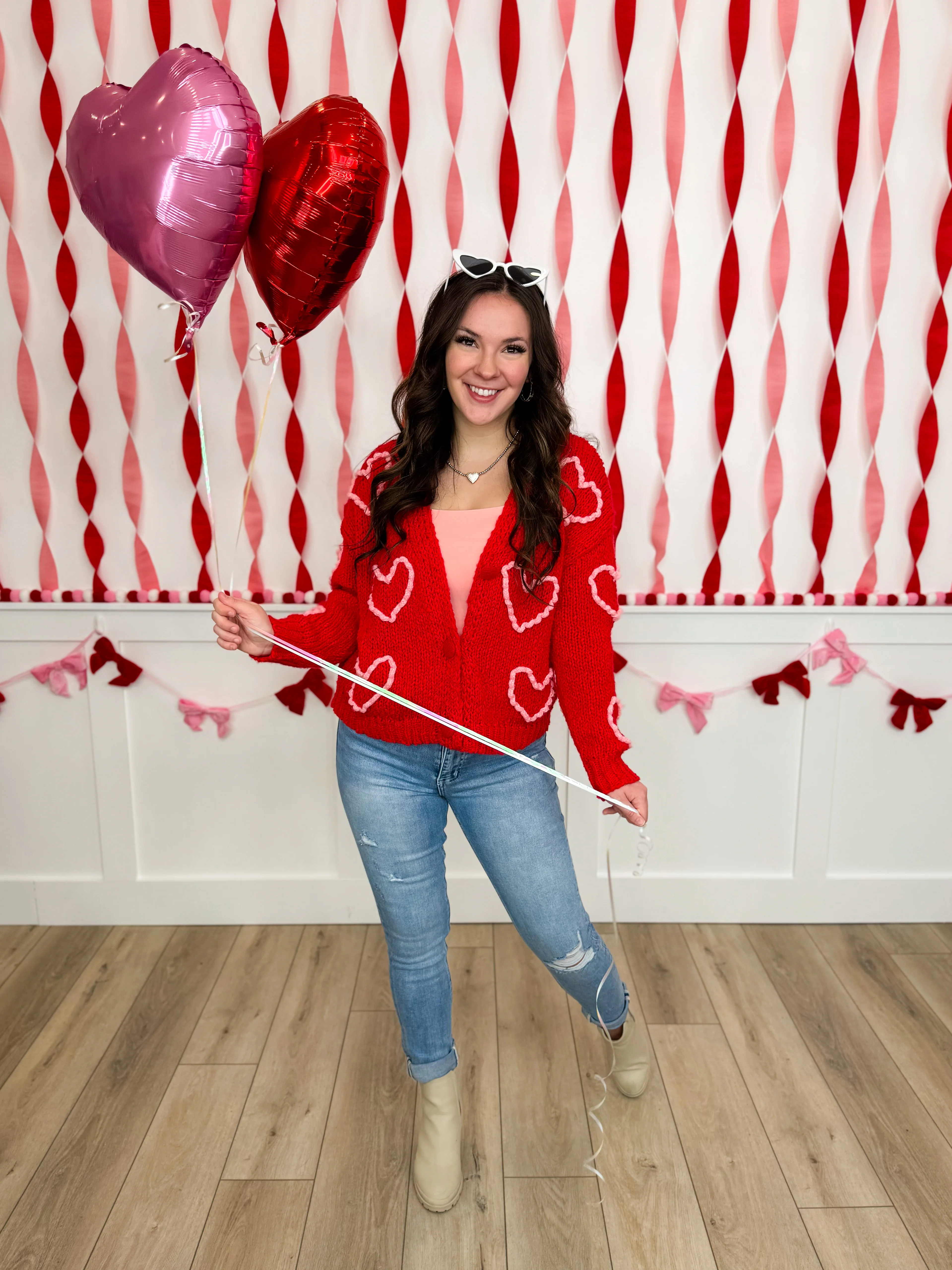Heart-to-Heart Knit Long Sleeve Red Avery Mae Mom Cropped Cardigan - Image 2