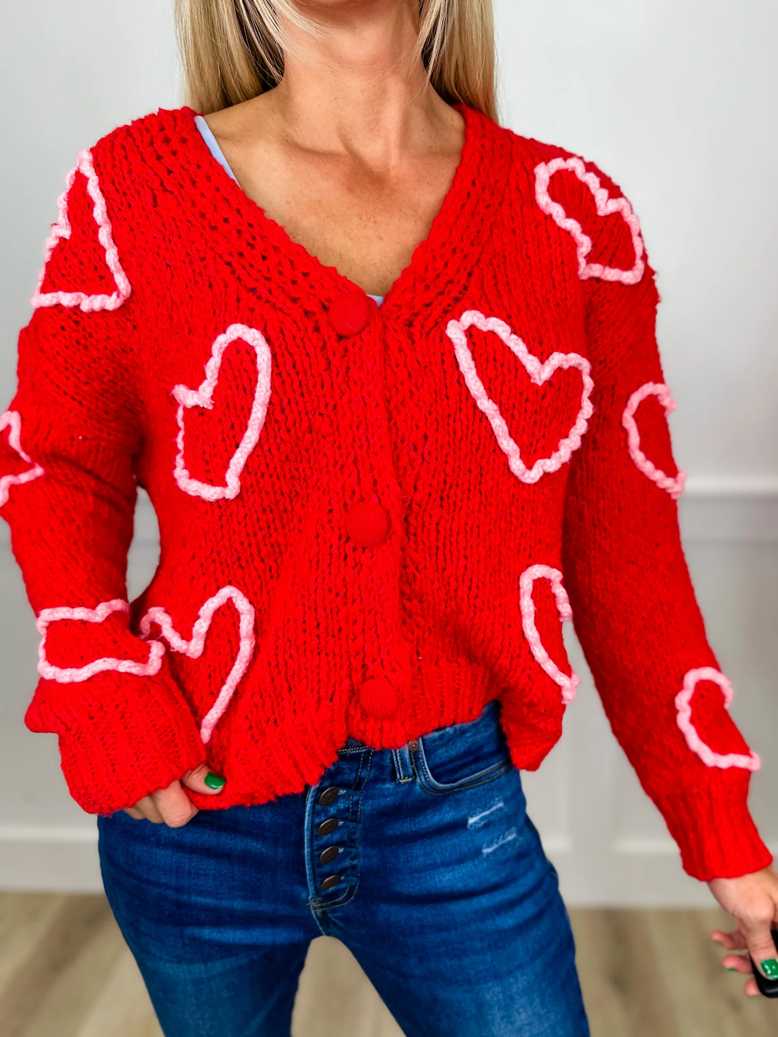 Heart-to-Heart Knit Long Sleeve Red Avery Mae Mom Cropped Cardigan - Image 3