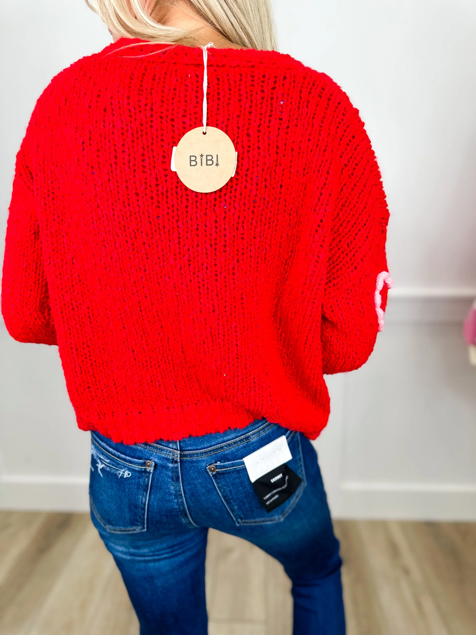 Heart-to-Heart Knit Long Sleeve Red Avery Mae Mom Cropped Cardigan - Image 4