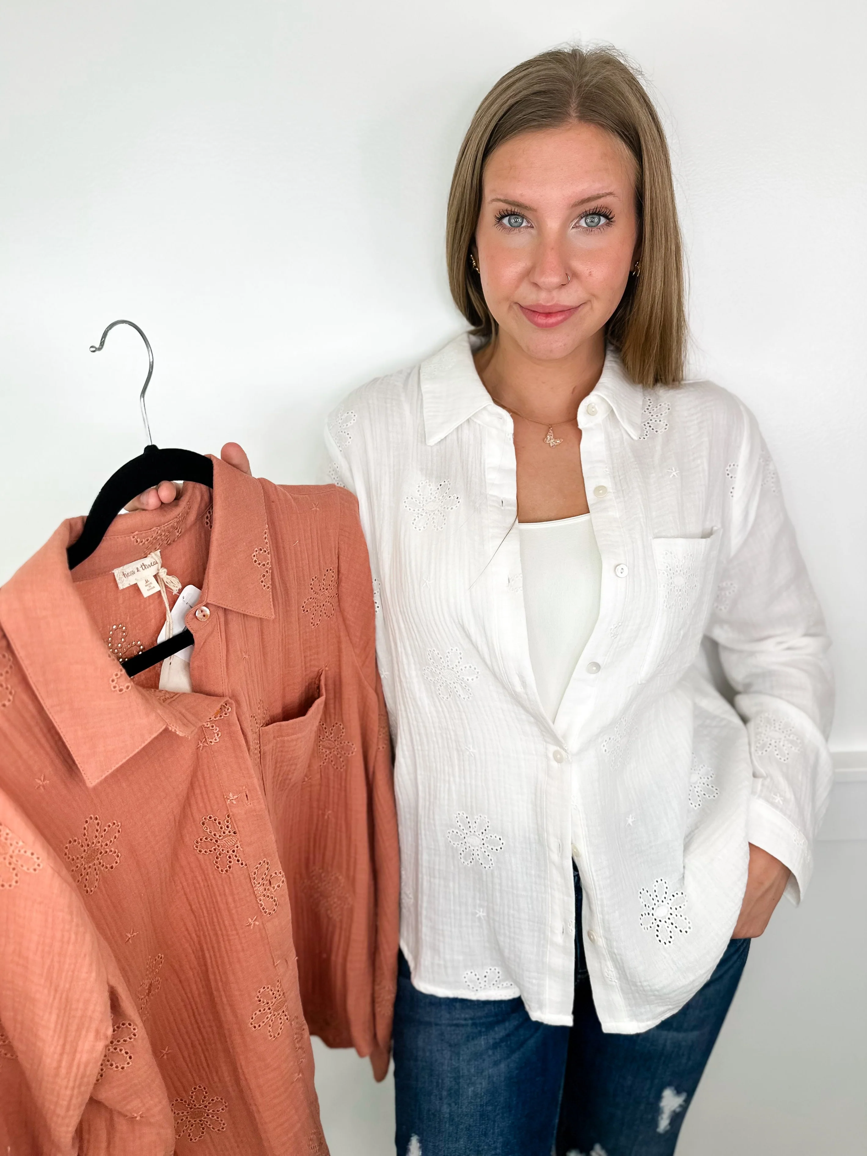 Hem & Thread Bring the Beauty Cotton Long Sleeve Button Up Top - 2 colors!