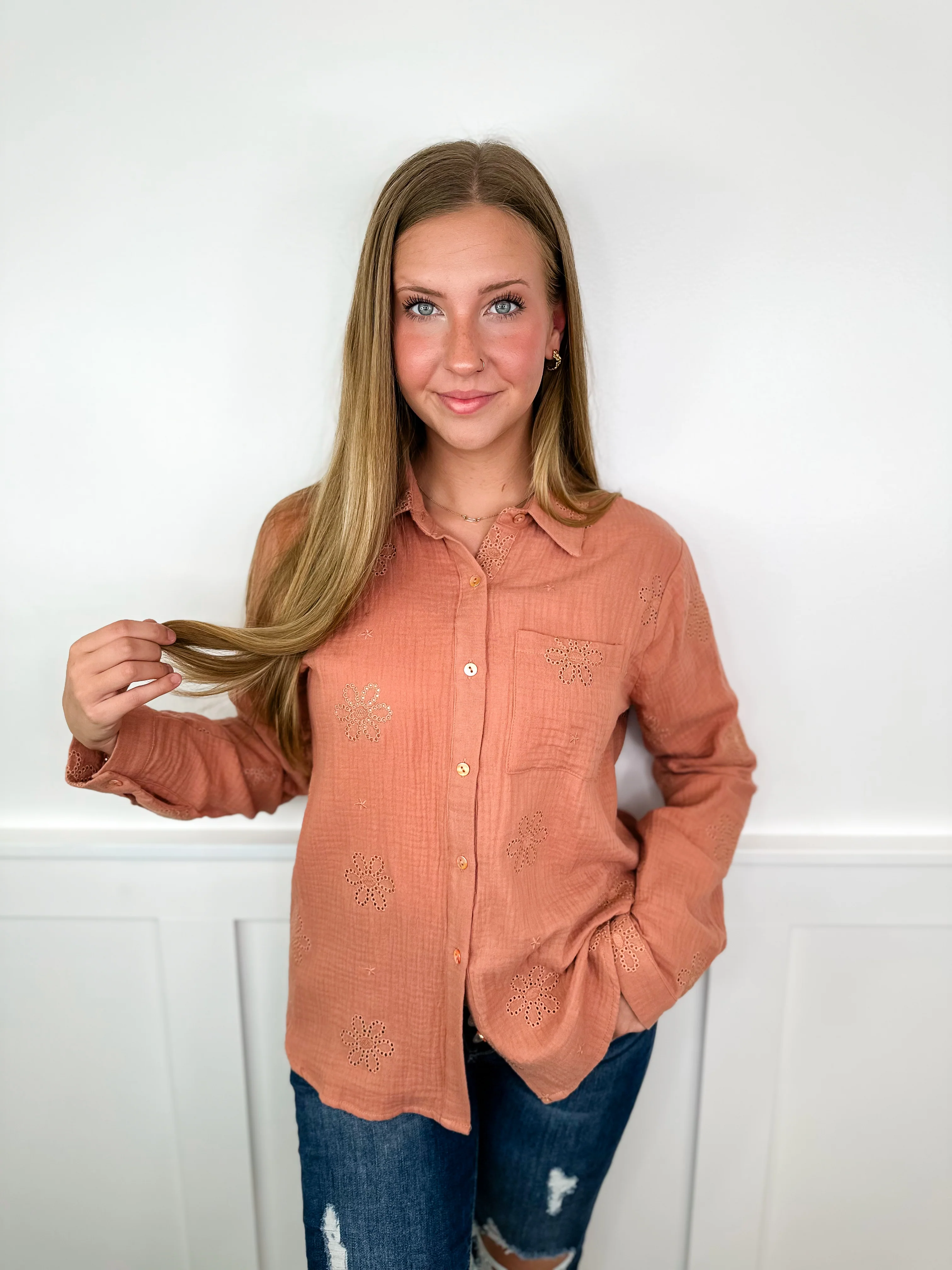 Hem & Thread Bring the Beauty Cotton Long Sleeve Button Up Top - 2 colors! - Image 3