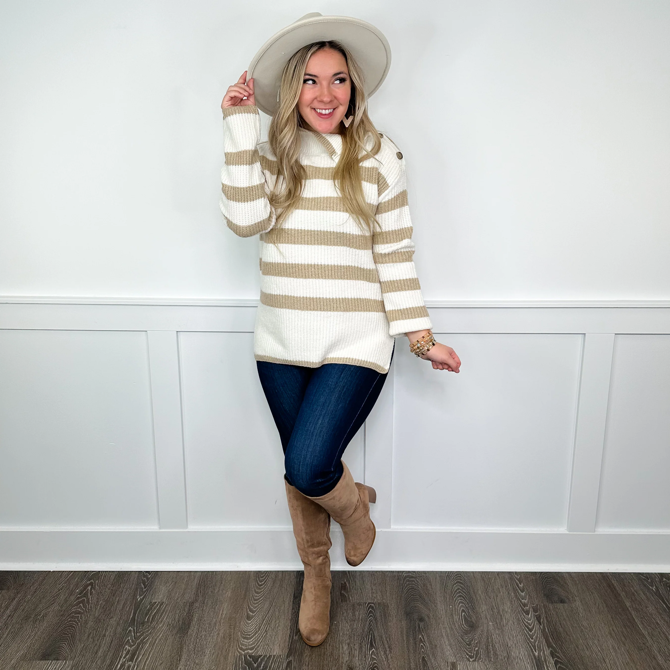 Hem & Thread Can't Stand it Knit Long Sleeve Tan Sweater Top - Image 3