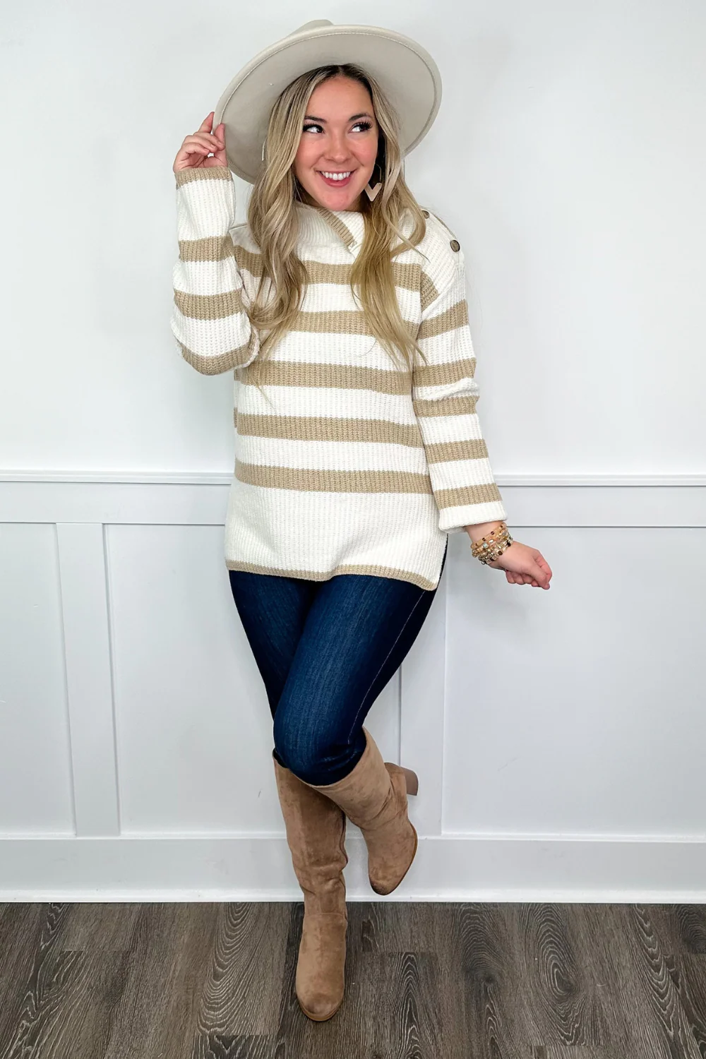 Hem & Thread Can't Stand it Knit Long Sleeve Tan Sweater Top - Image 4