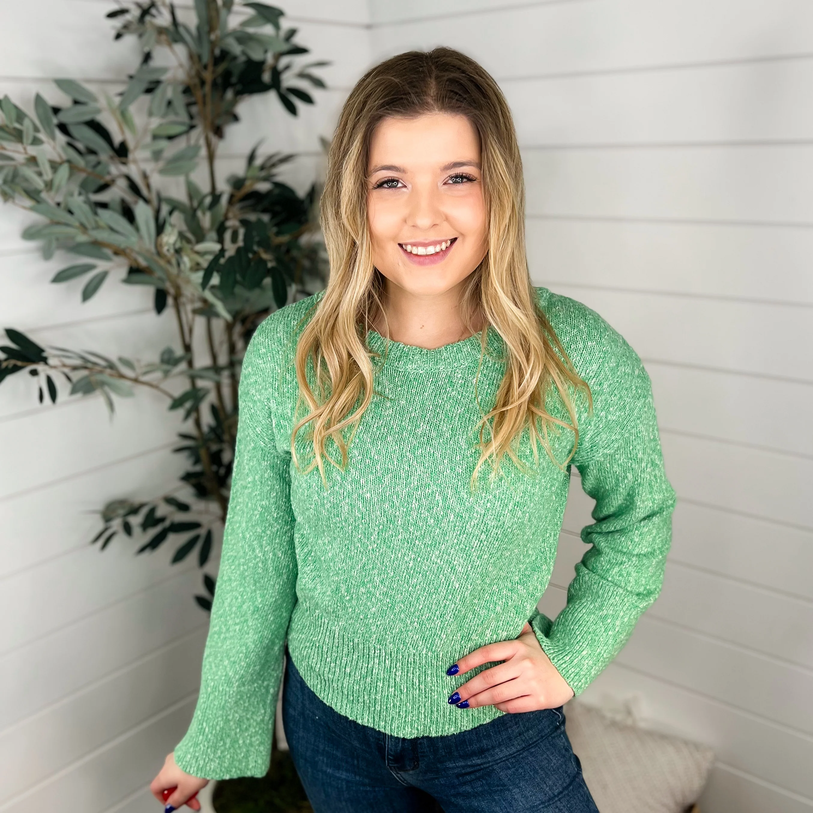 Hem & Thread No Limits Cotton Long Sleeve Green Sweater Top