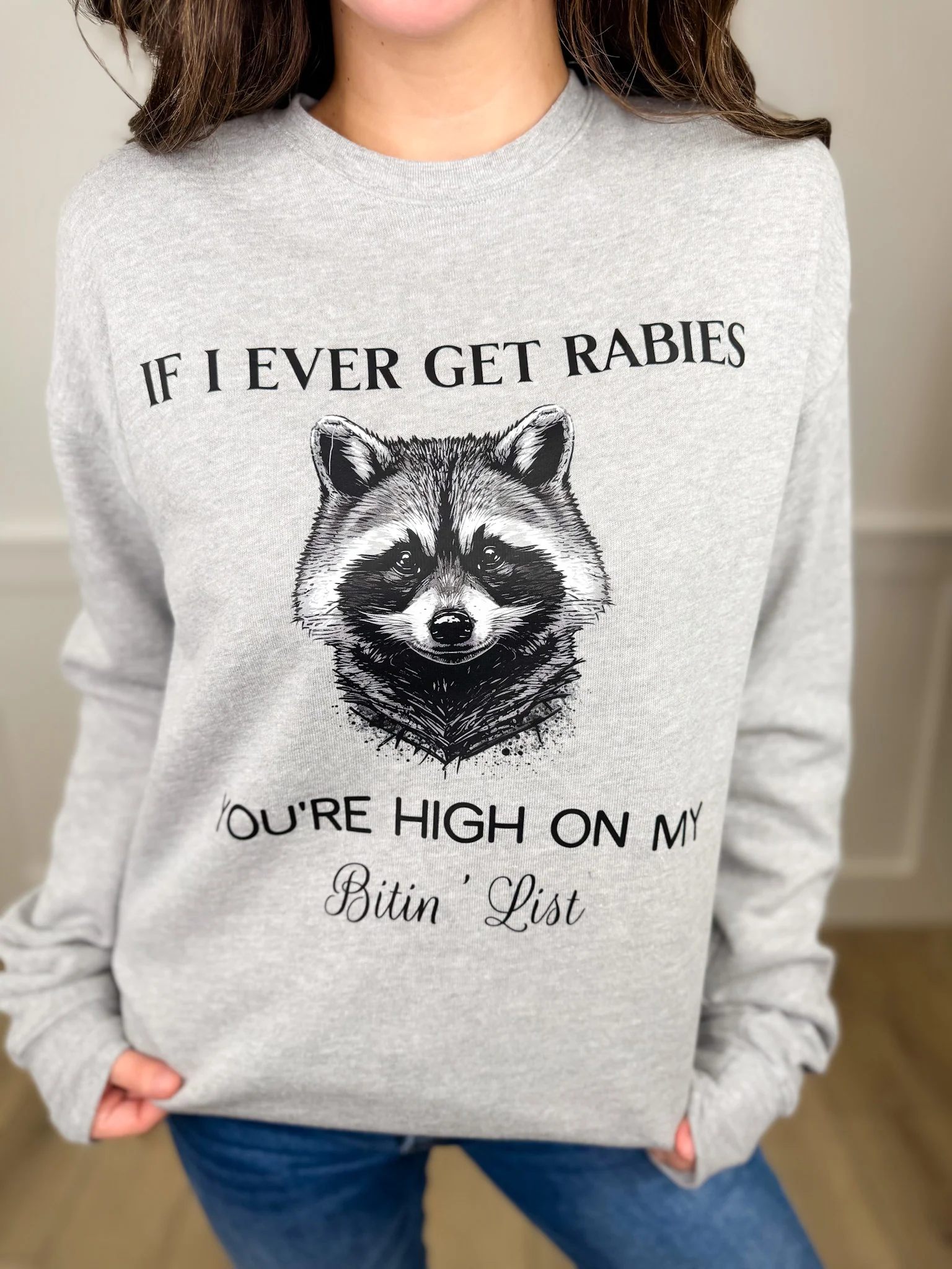 High on the List Cotton Blend Long Sleeve Grey Avery Mae Graphic Crewneck Sweatshirt (Bella+Canvas)