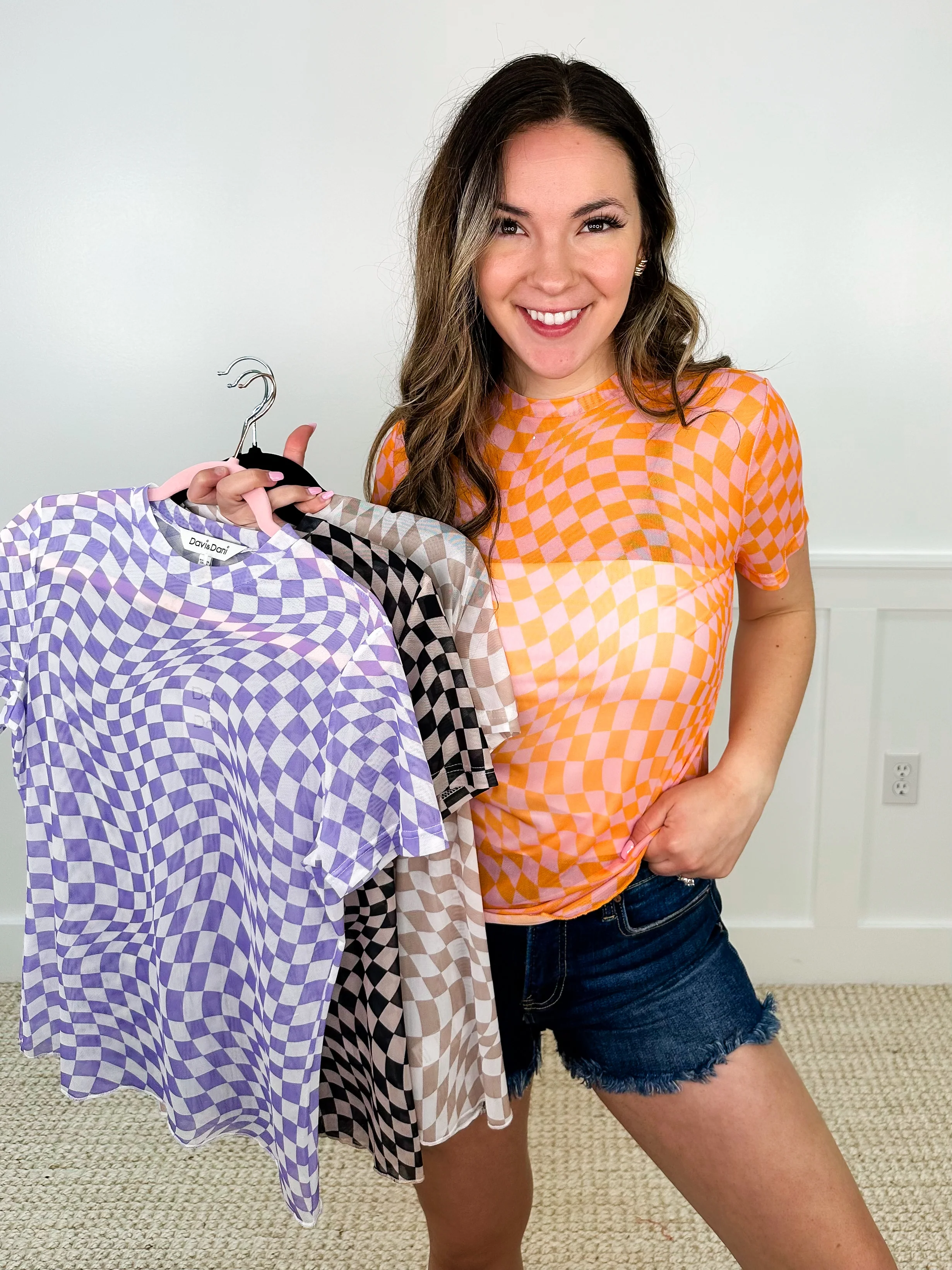 Hold Onto That Feeling Sheer Mesh Short Sleeve Checkered Avery Mae Top - 4 colors! - Image 3