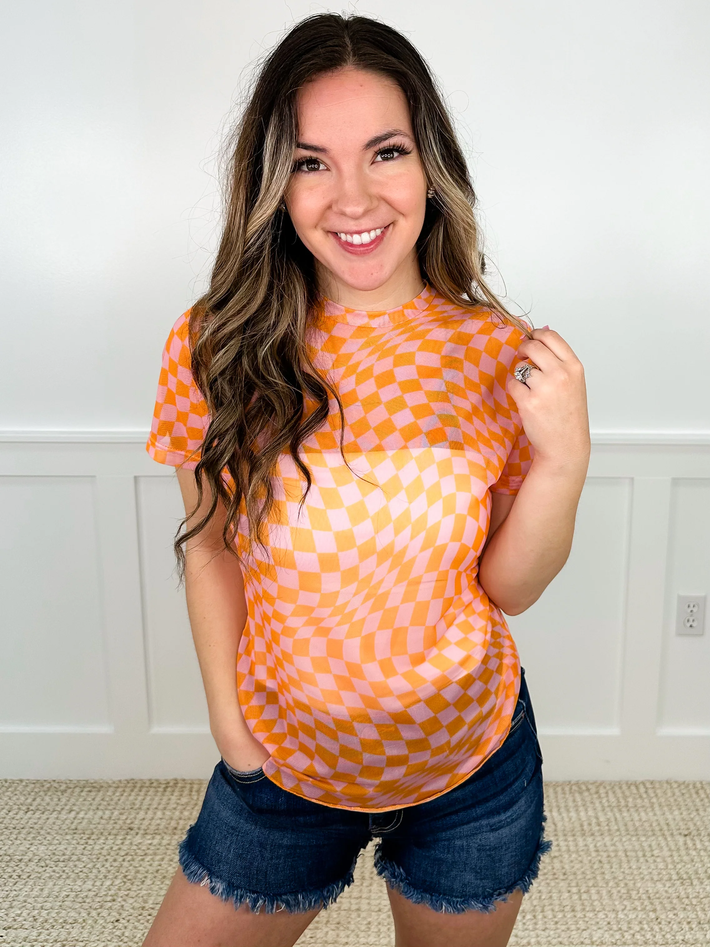 Hold Onto That Feeling Sheer Mesh Short Sleeve Checkered Avery Mae Top - 4 colors! - Image 4
