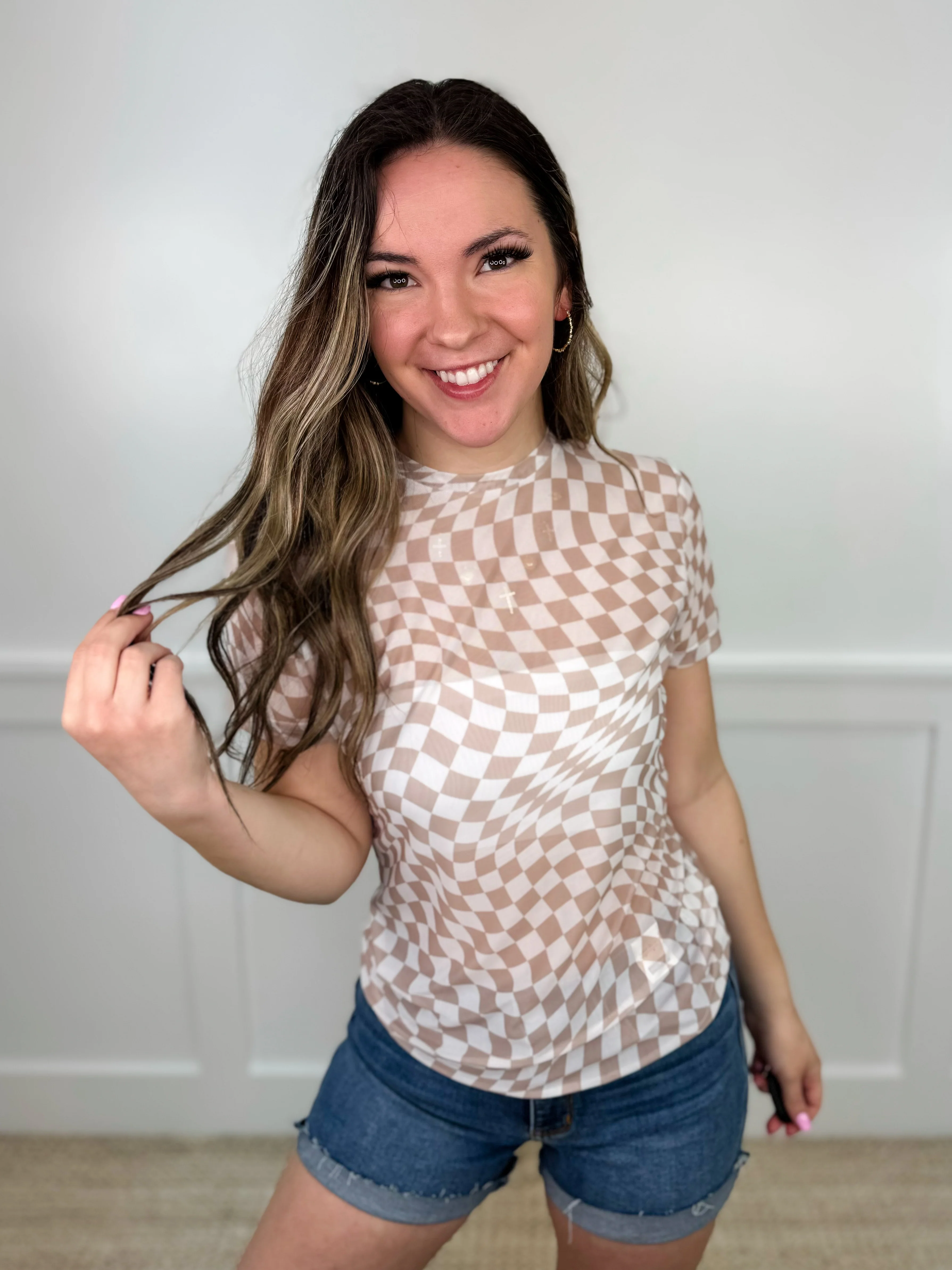 Hold Onto That Feeling Sheer Mesh Short Sleeve Checkered Avery Mae Top - 4 colors! - Image 6