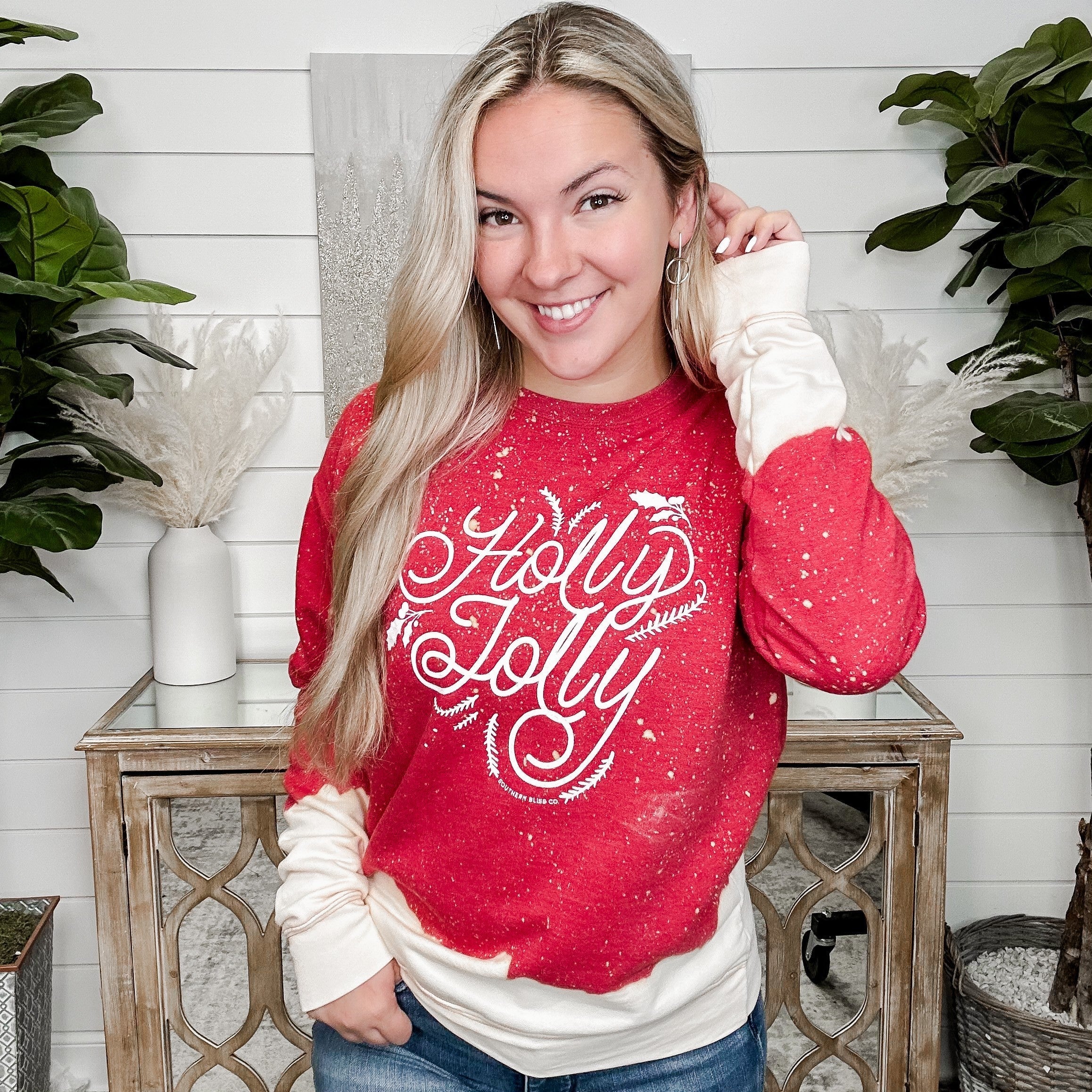 Holly Jolly Cotton Blend Bleached Long Sleeve Red Avery Mae Graphic Crewneck Sweatshirt - Image 3