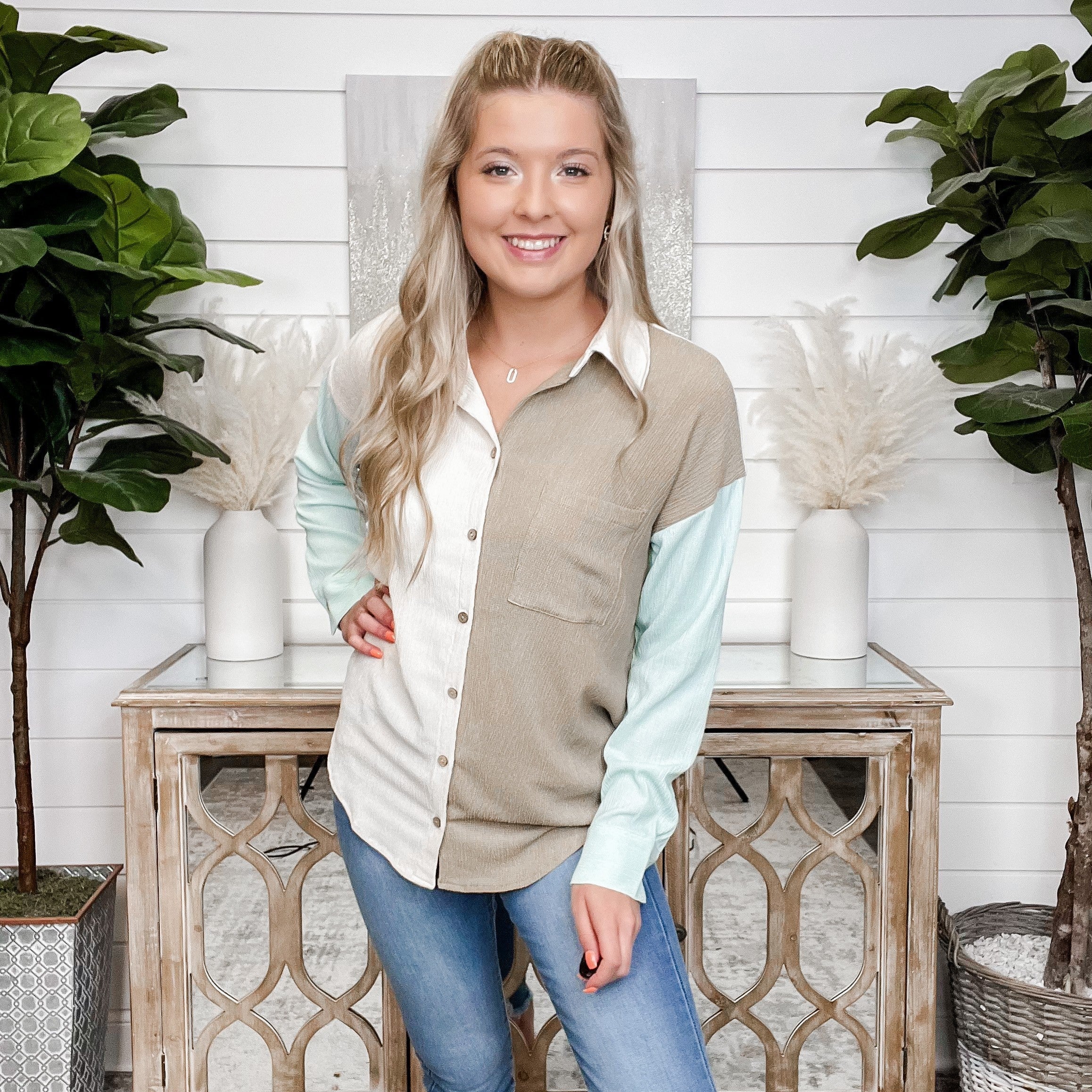 If You're Willing Color Block Button Up Top