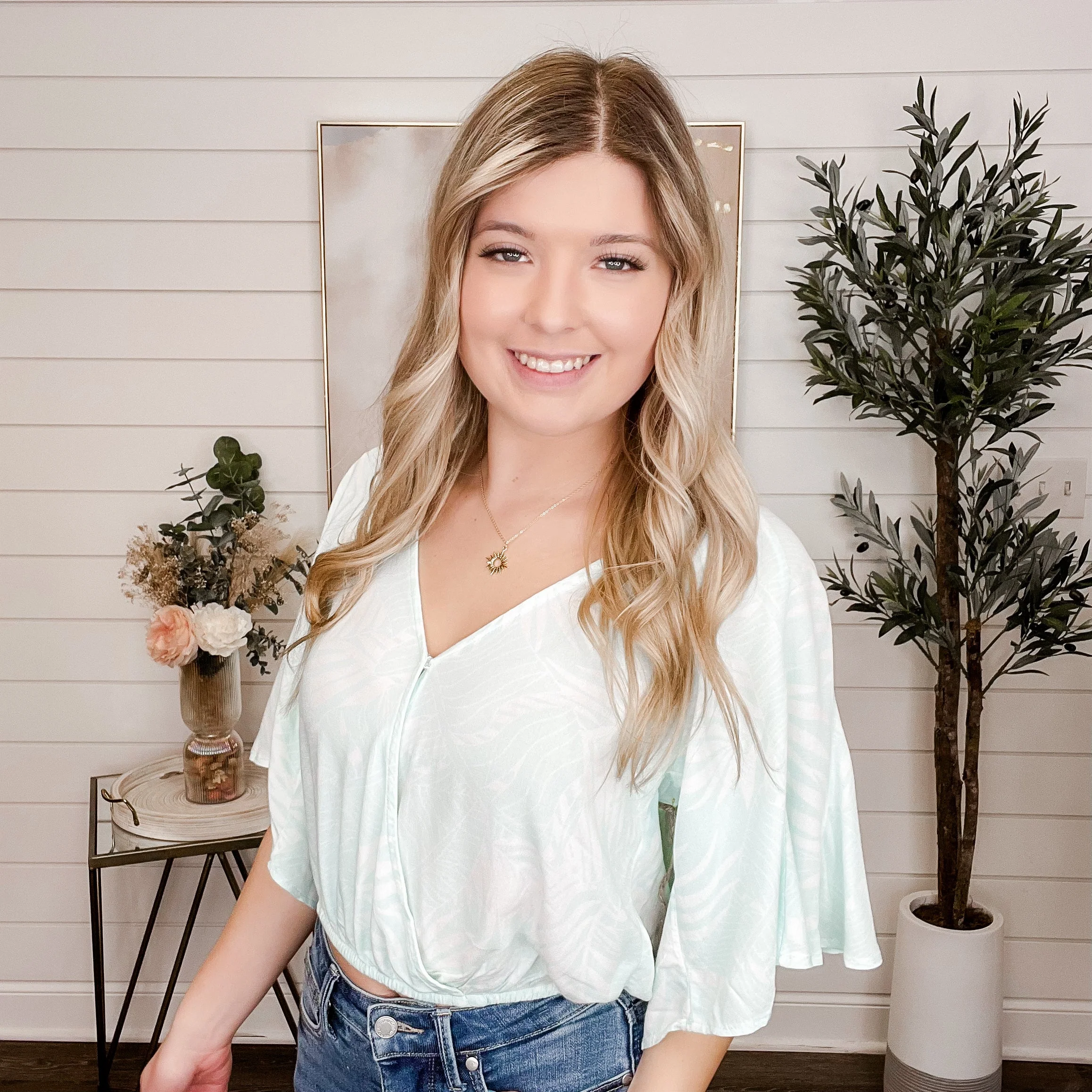 In the Air Rayon Short Sleeve Aqua Avery Mae Cropped Top
