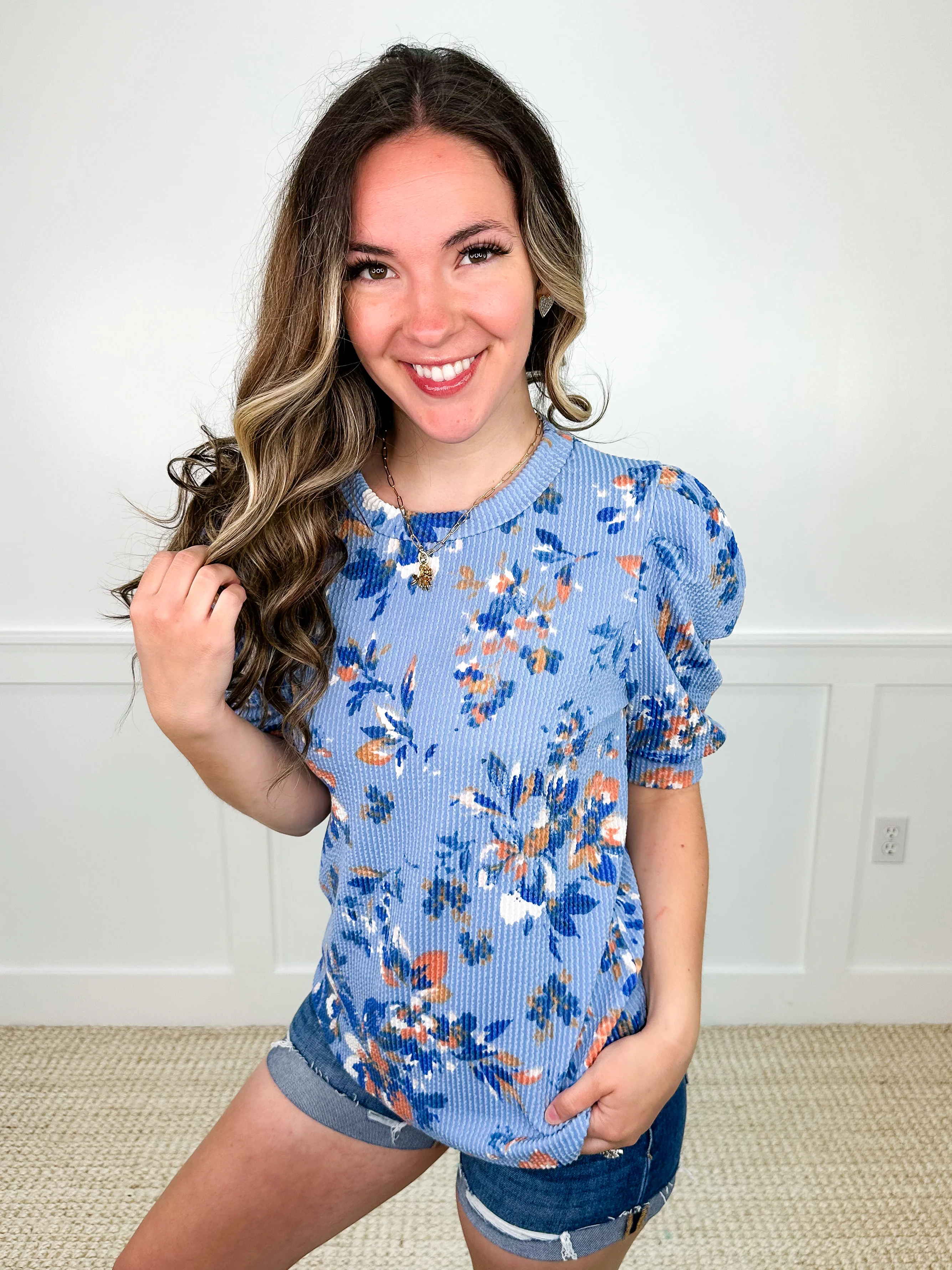 In the Crowd Ribbed Short Sleeve Blue Avery Mae Top