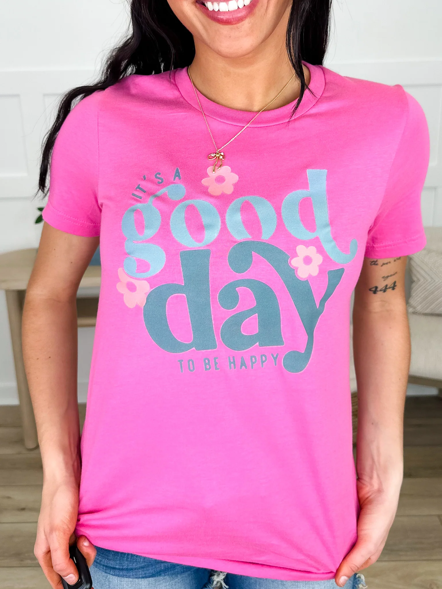 It is a Good Day Cotton Short Sleeve Pink Avery Mae Graphic Tee Shirt (Bella+Canvas)