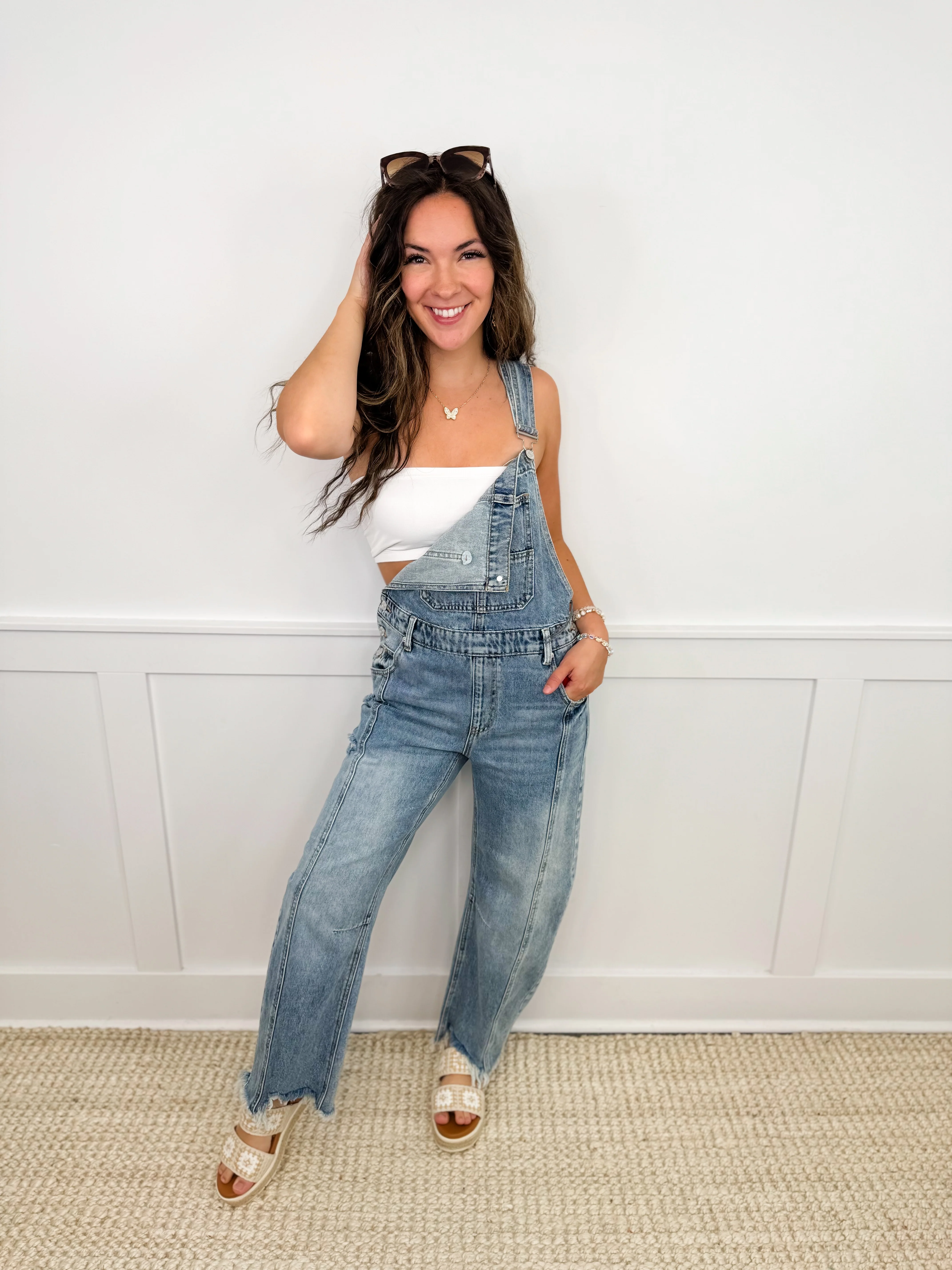Saige Jaedyn Rigid Distressed Fray Hem Barrel Leg Medium Wash Overalls