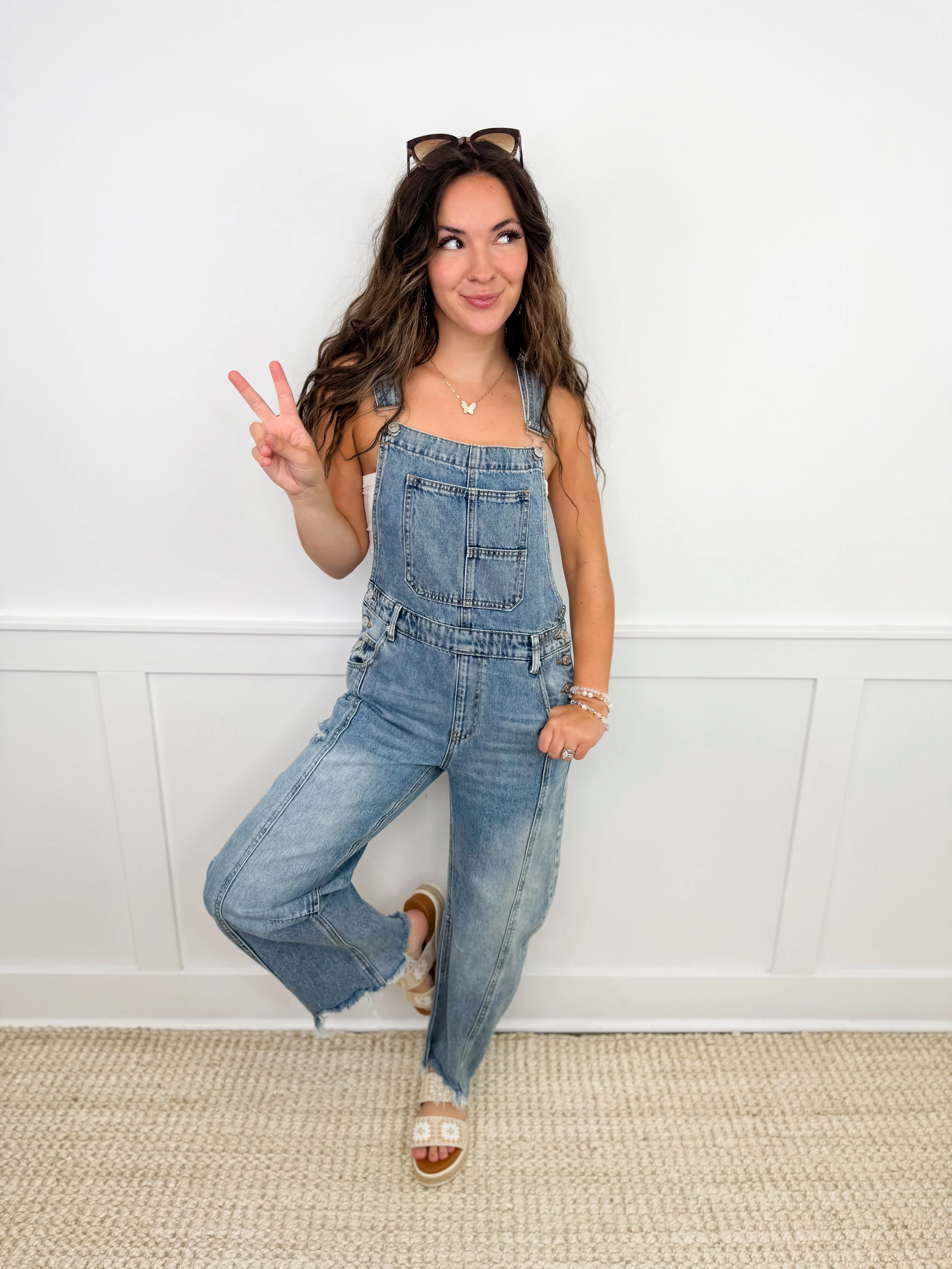 Saige Jaedyn Rigid Distressed Fray Hem Barrel Leg Medium Wash Overalls - Image 2