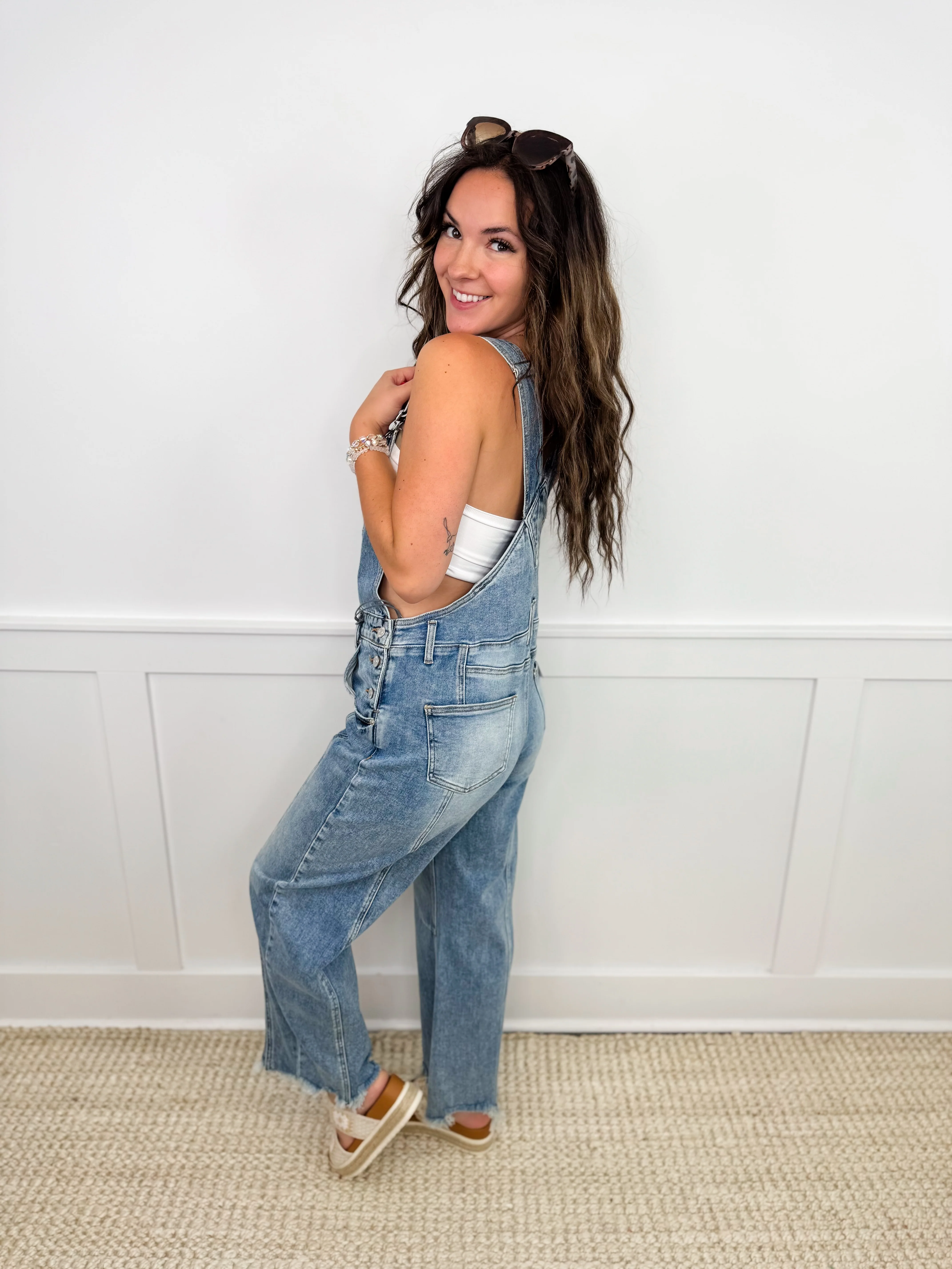 Saige Jaedyn Rigid Distressed Fray Hem Barrel Leg Medium Wash Overalls - Image 3