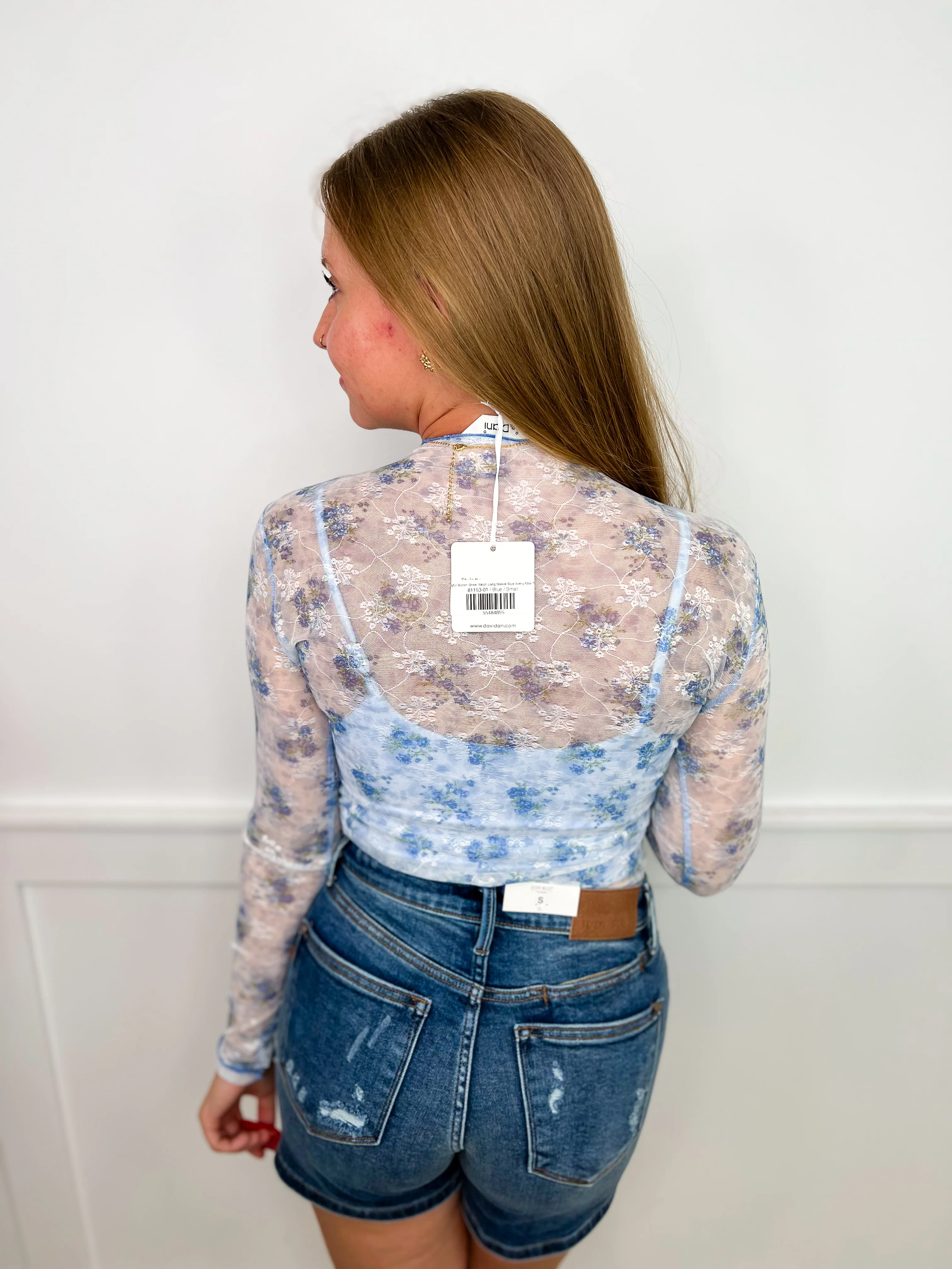 Joyful Bloom Sheer Mesh Long Sleeve Blue Avery Mae Top - Image 3