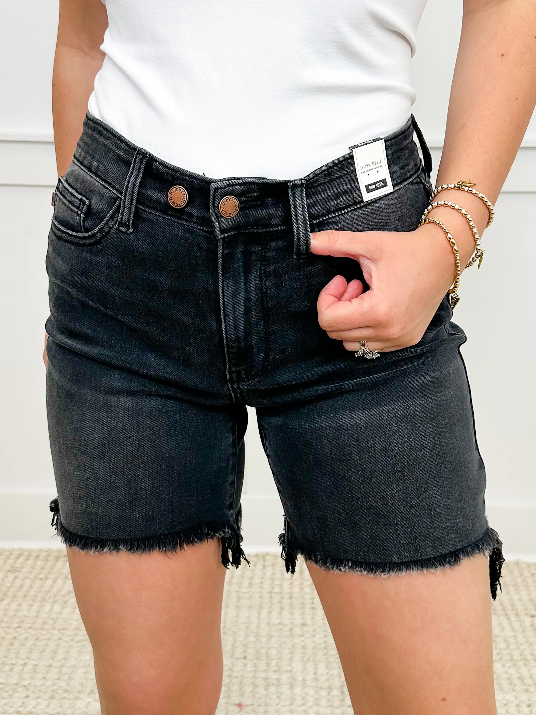 Judy Blue Aly High-Rise Adjustable Double Button Frayed Hem Black Dad Shorts - Image 3