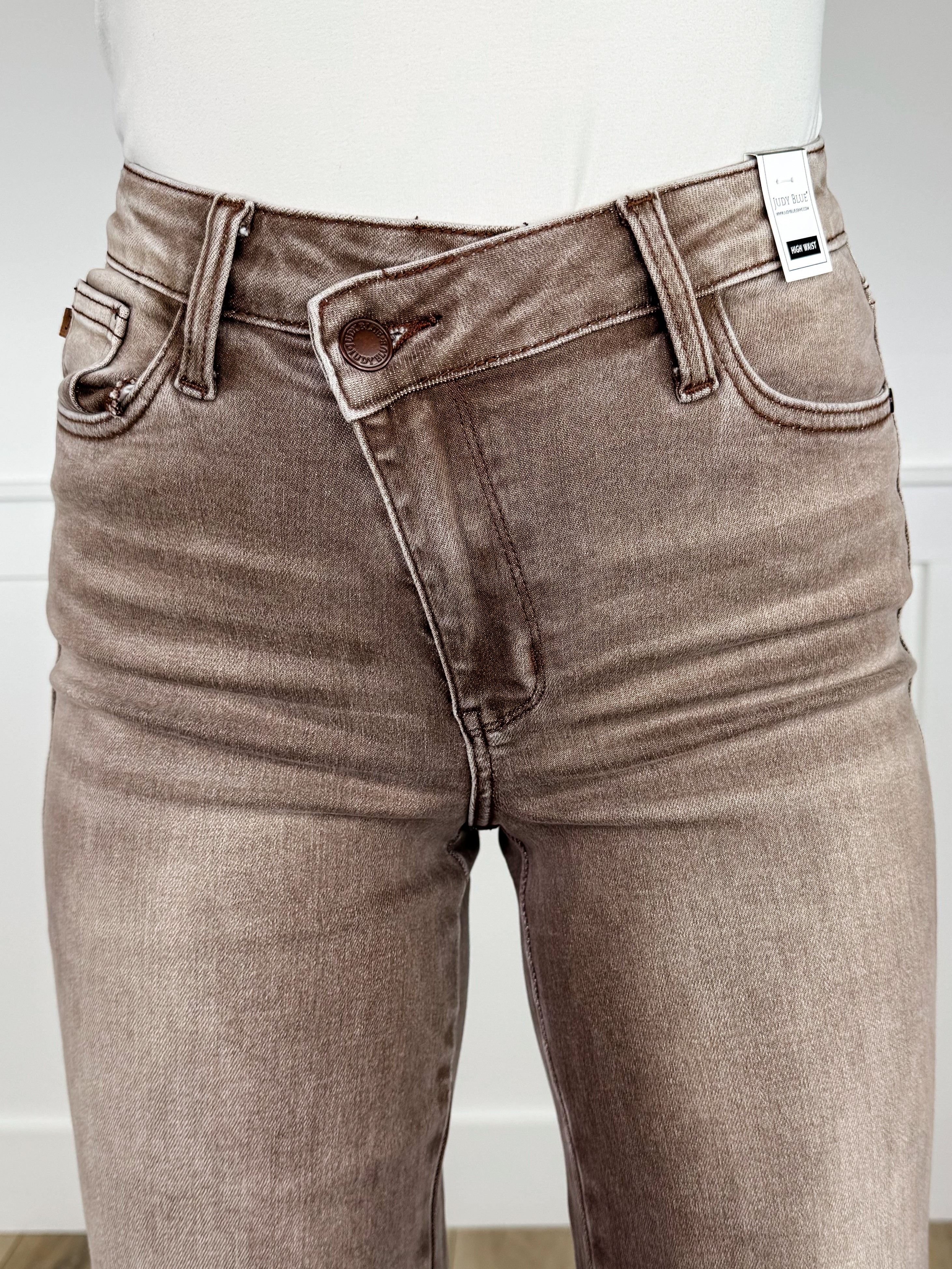 Judy Blue Claire High-Rise Criss Cross Waist Retro Wide Leg Mocha Jeans - Image 2