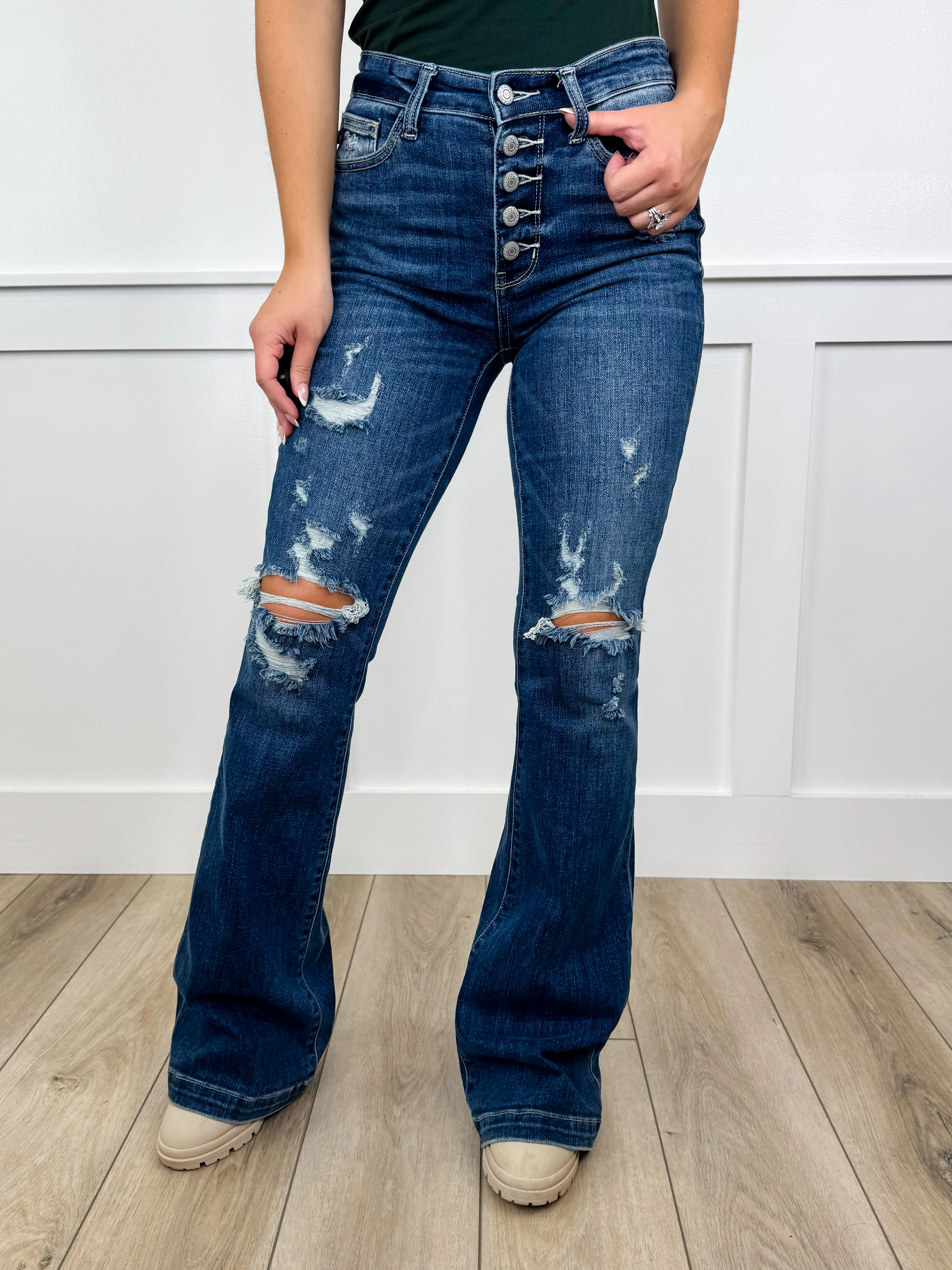 Judy Blue Eliza Mid-Rise Trouser Flare Jeans – Dark Wash (Button Fly, Distressed) - Image 4