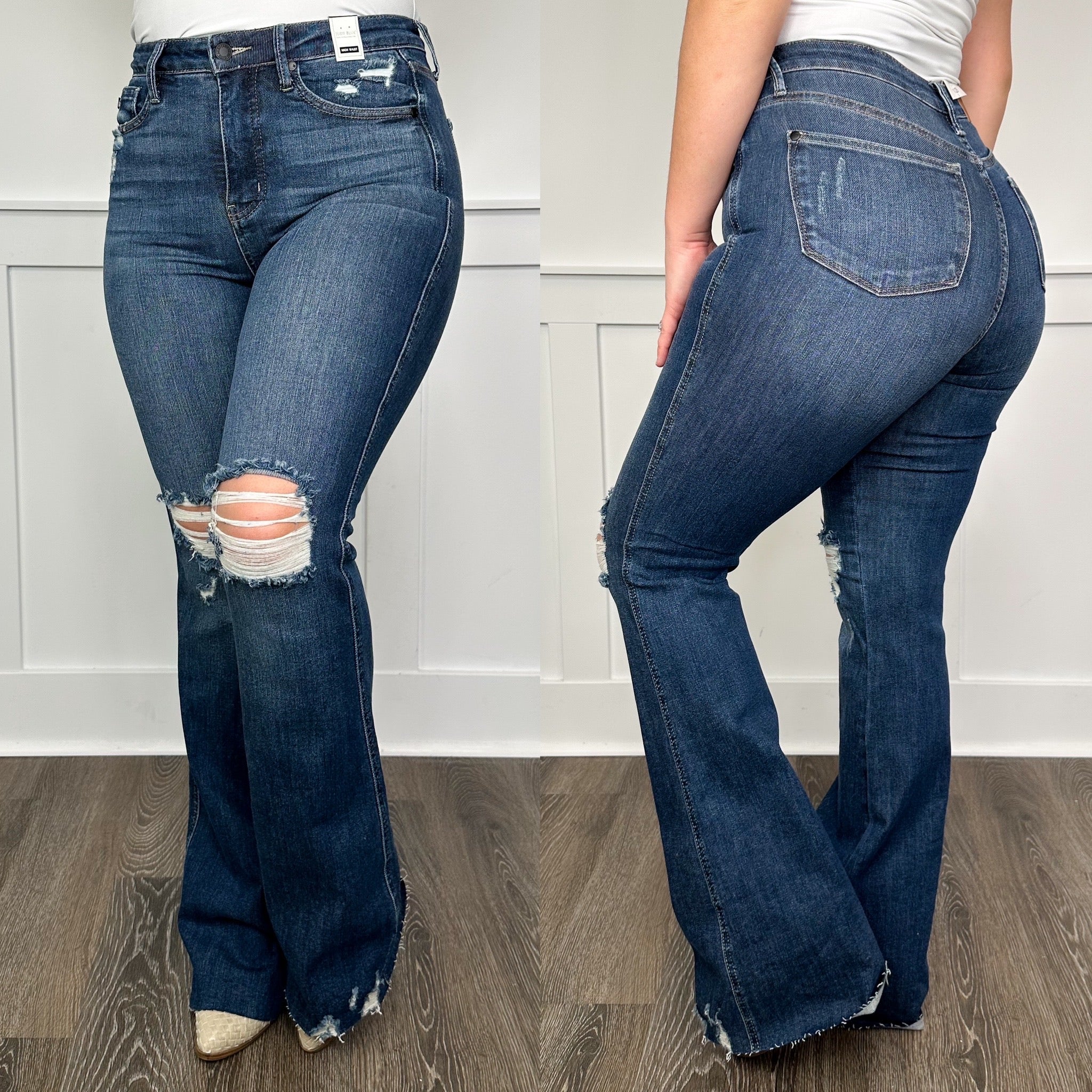 Judy Blue Ellie Tummy Control Distressed High-Rise Raw Hem Flare Dark Wash Jeans - Image 12