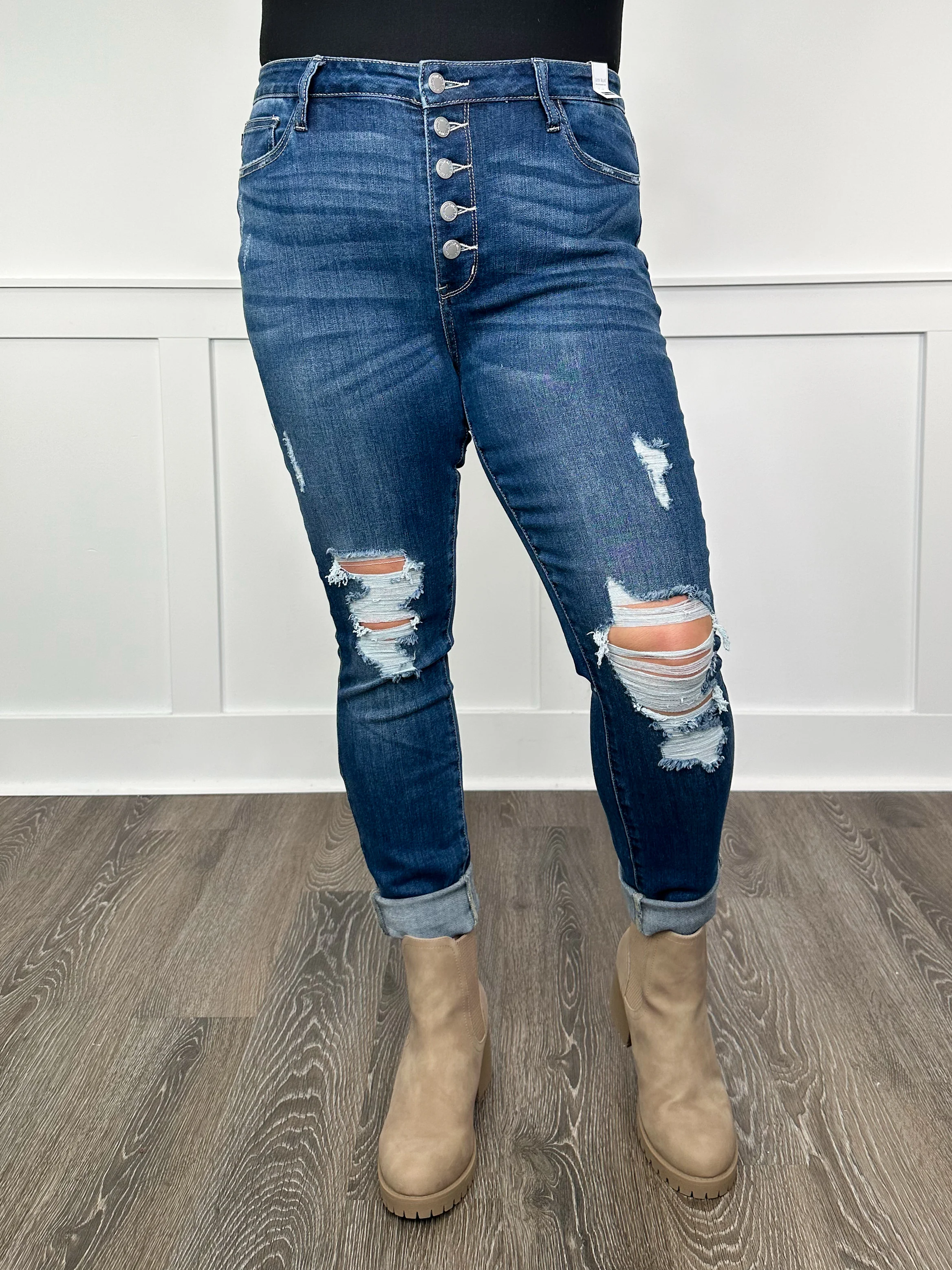 Judy Blue Emerson Distressed High-Rise Button Fly Skinny Dark Wash Jeans - Image 6