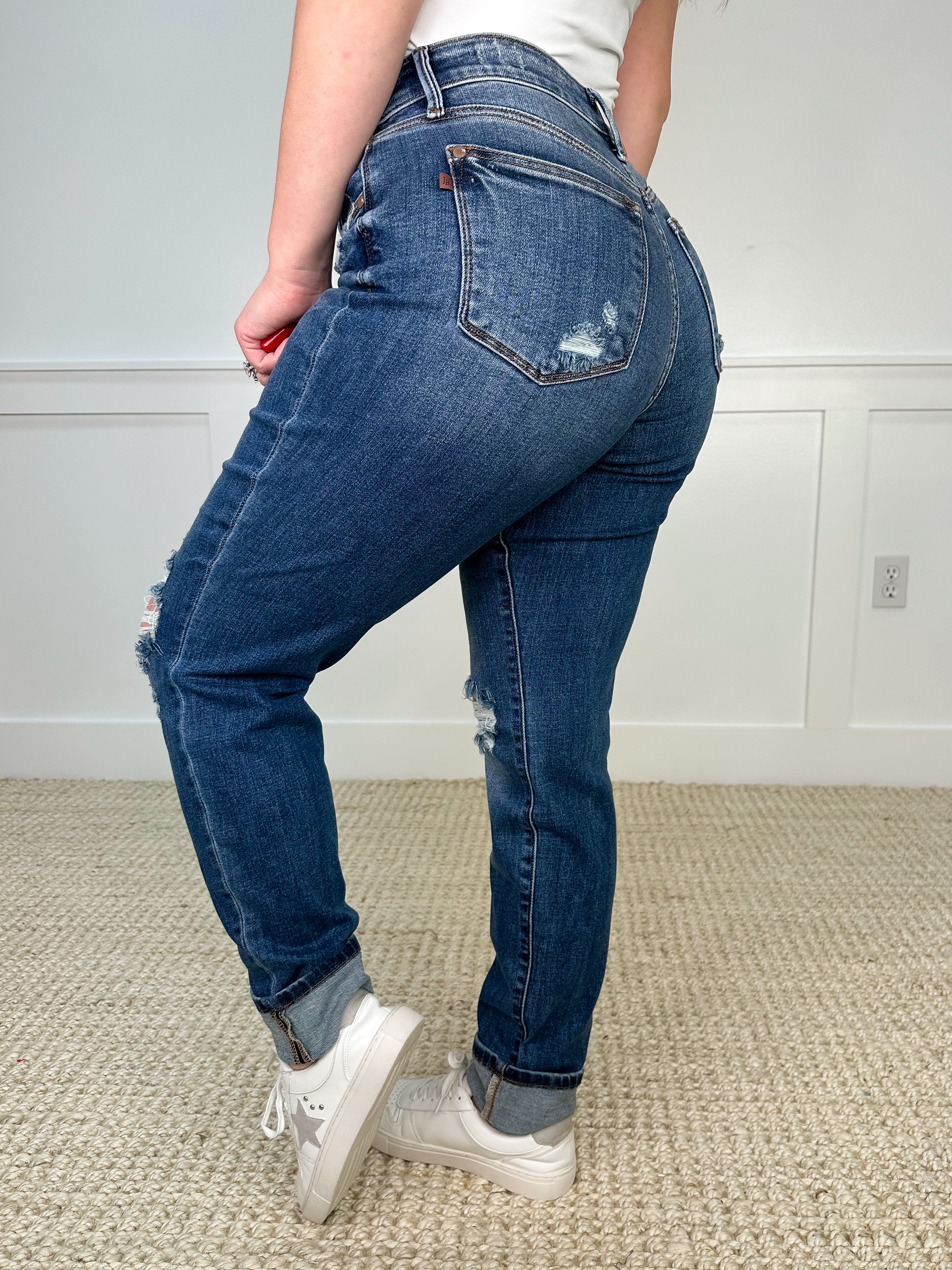 Judy Blue Emily Distressed Mid-Rise Boyfriend Dark Wash Jeans - Image 9